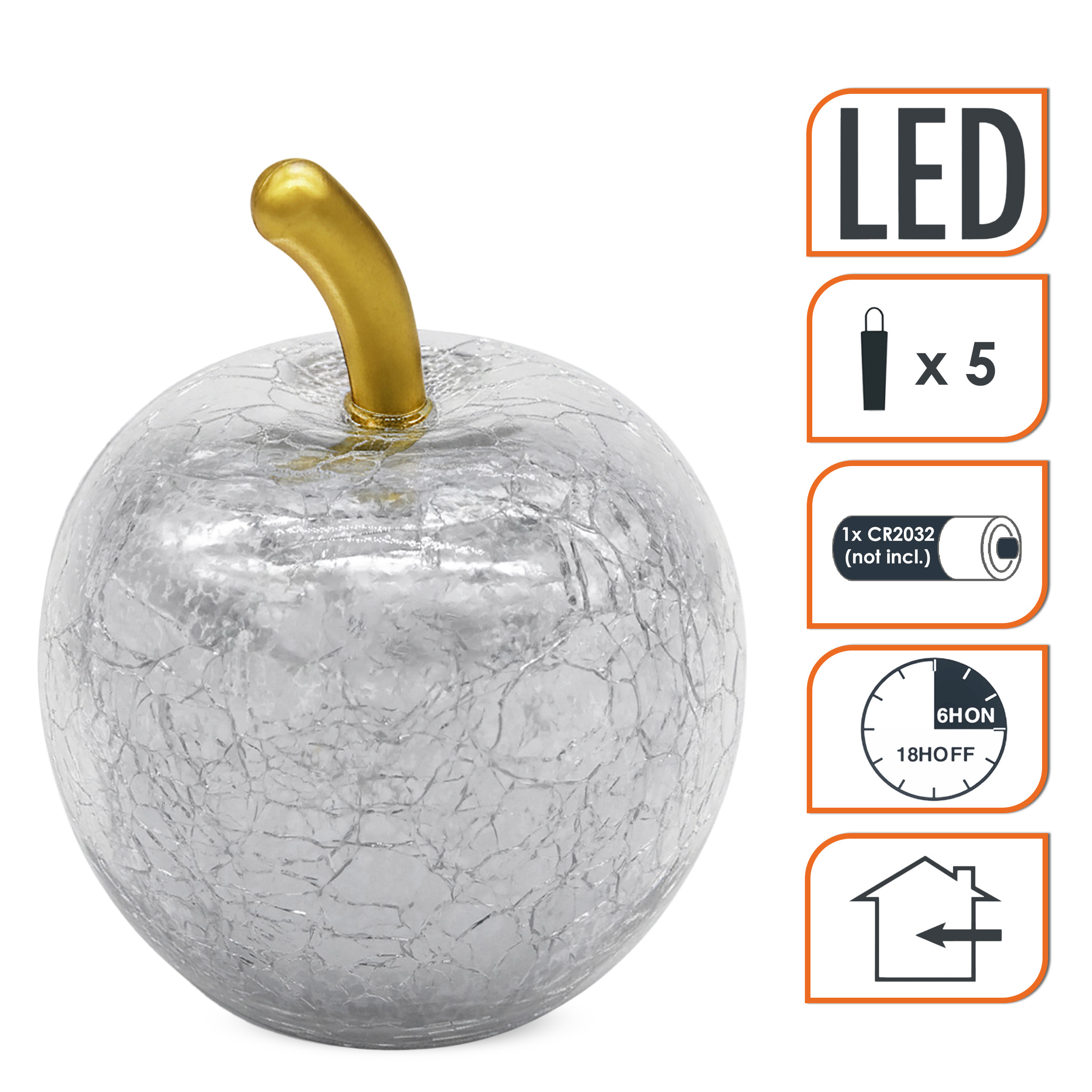 Mini Crackle Glas Apfel 7 cm mit 5 LED batteriebetrieben mit Timer - silber - Deko Frucht in Bruchglas Optik warm weiß beleuchtet