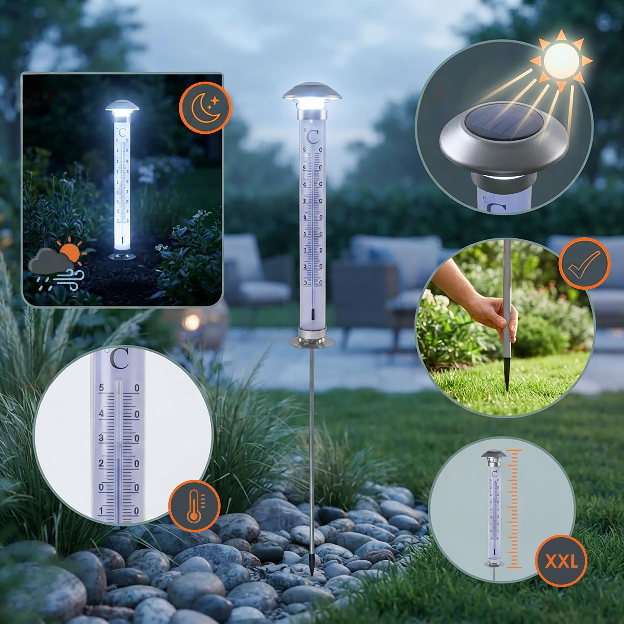 XXL Solar Außenthermometer - 112 cm - beleuchtetes Gartenthermometer mit Erdspieß