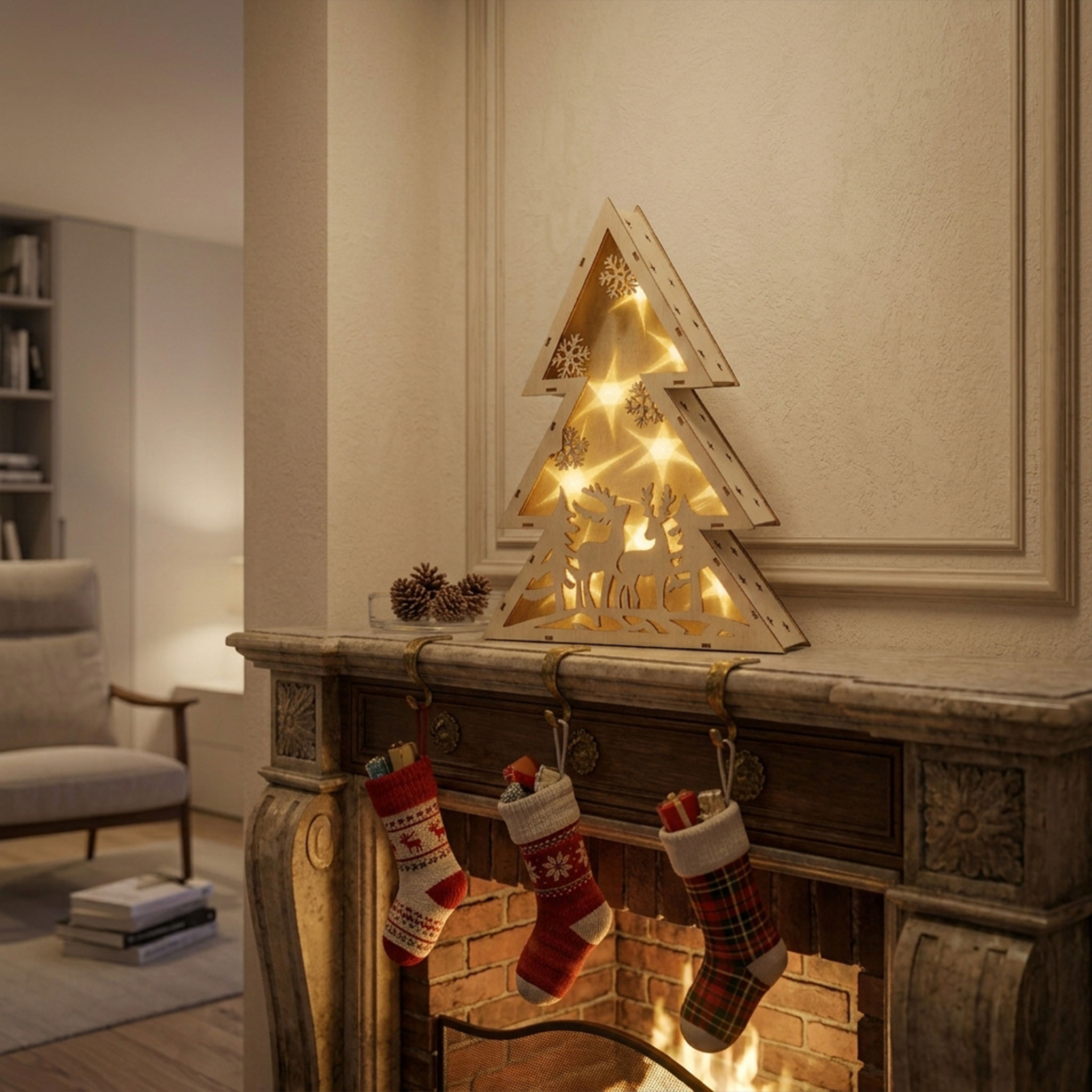 LED Tisch Aufsteller aus Holz 30 cm - 4 Motive wählbar - Weihnachts Deko Stern oder Tanne mit Weihnachts Motiven warm weiß beleuchtet