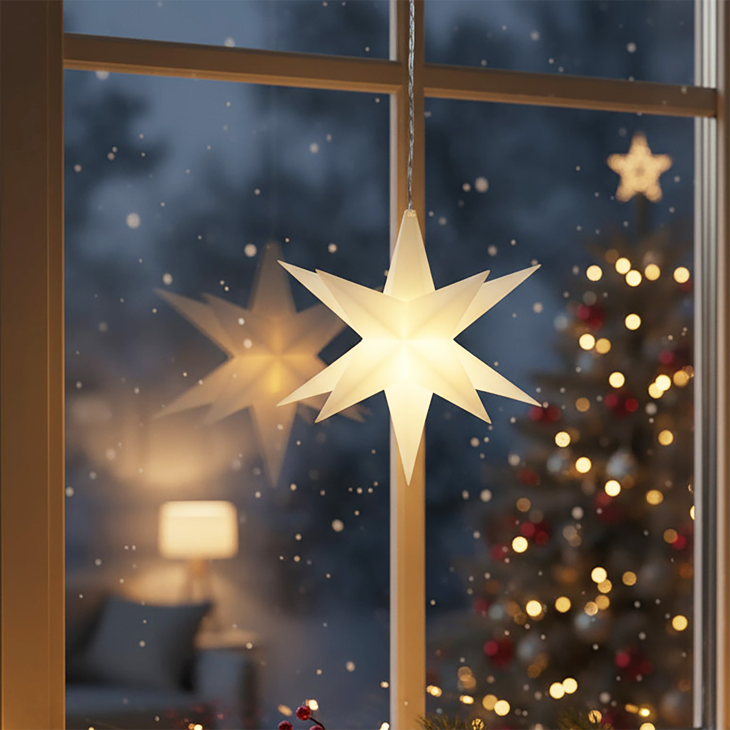 3D Weihnachtsstern 12 cm warm weiß Beleuchtet - weiß oder rot / 1 oder 3 Stück - LED Fenster Deko Leuchtstern mit Timer Batterie betrieben