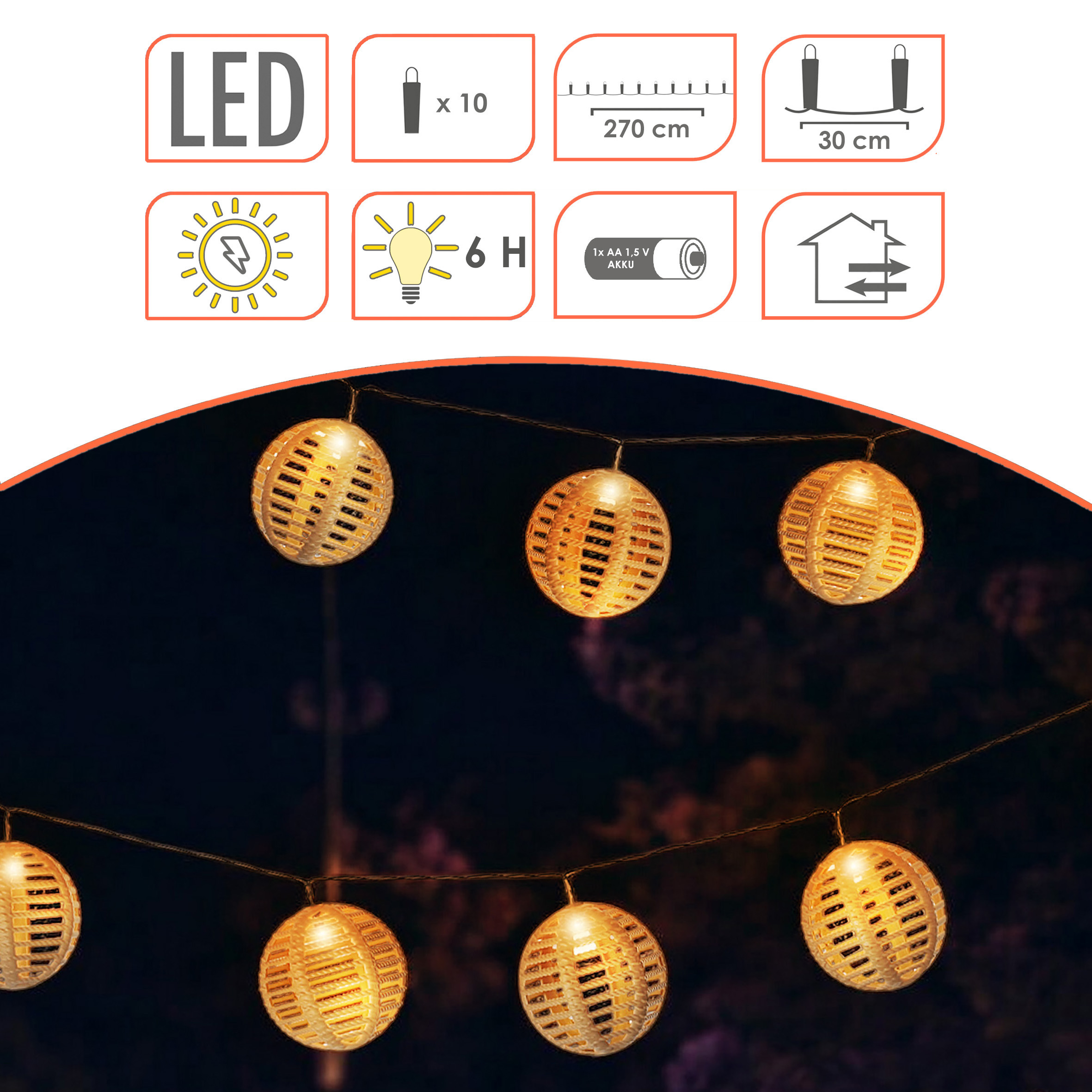 Solar Lichterkette mit 10 runden Lampions in Rattan Optik - 270 cm - LED Garten Deko Beleuchtung warm weiß