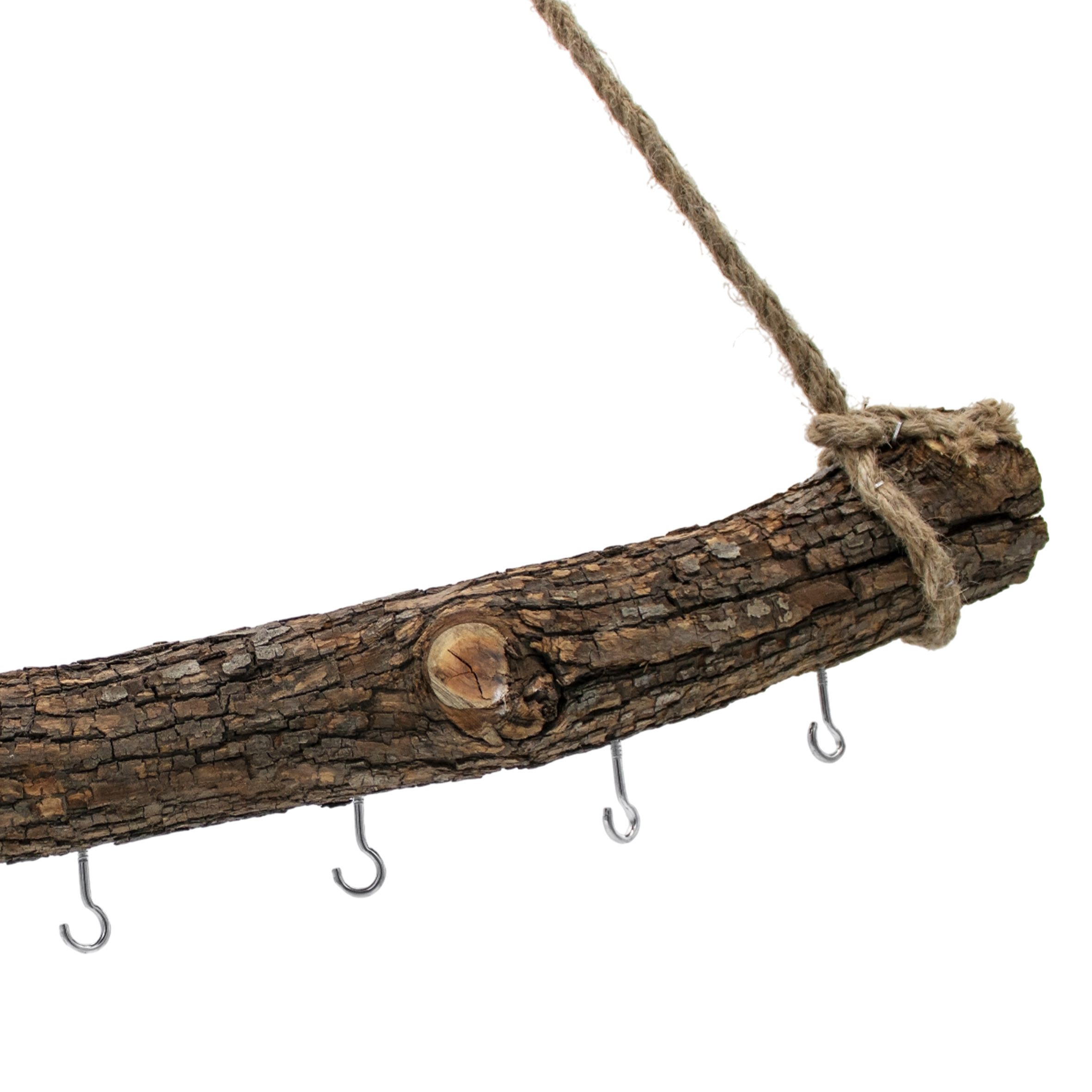 Holzast massiv zum Hängen mit 6 Haken zum Dekorieren - 56 cm - Massivholz Stange Wanddeko Hänger mit Naturkordel