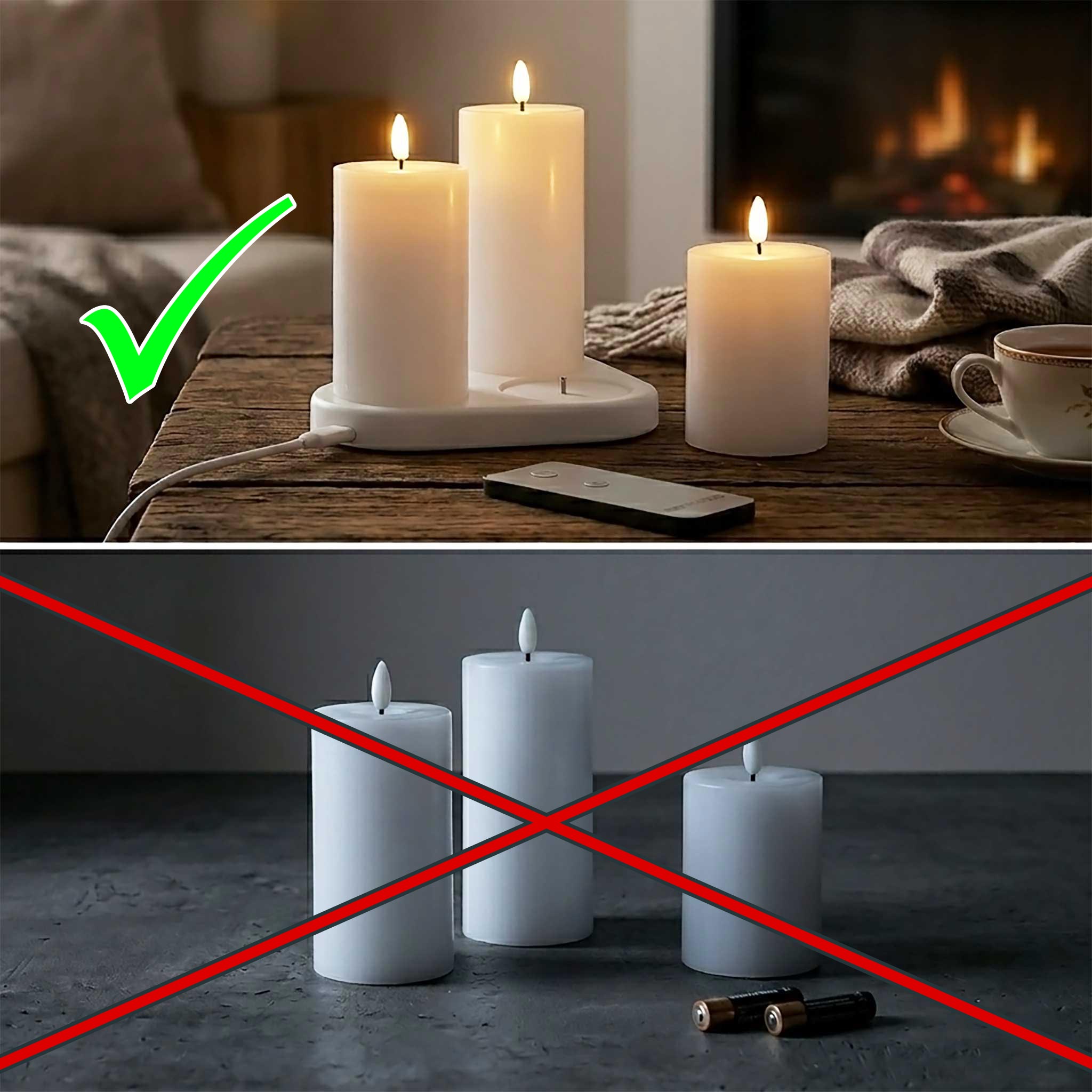 LED Echtwachs Kerze 3er Set wiederaufladbar mit Ladestation und Fernbedienung - 15 / 12 / 10 cm - Künstliche Stumpenkerze mit Flammen Effekt Akku betrieben