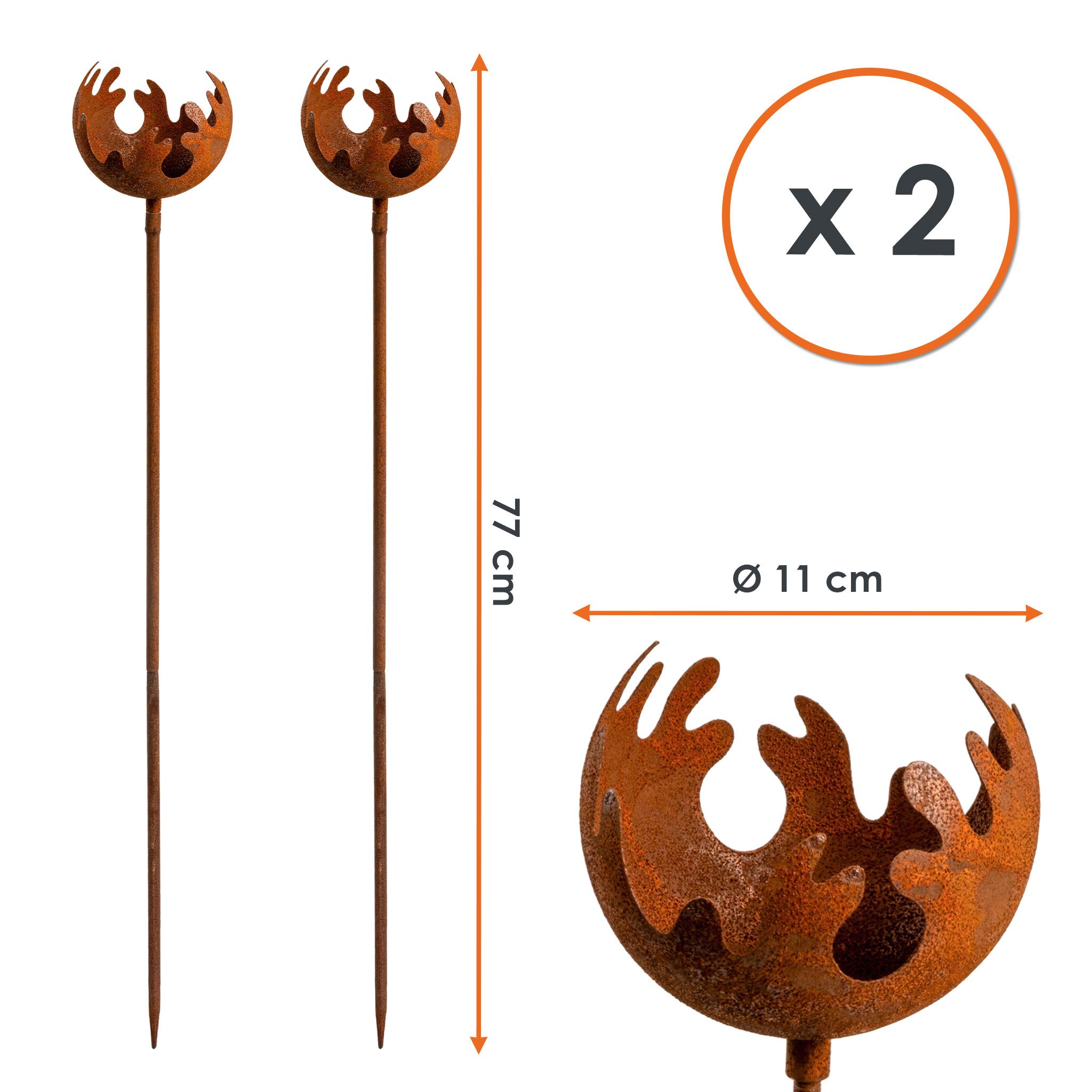 Metall Gartenstecker Naturrost Feuerball - 2 Größen / einzeln oder im 2er Set - Rost Windlicht mit Erdspieß