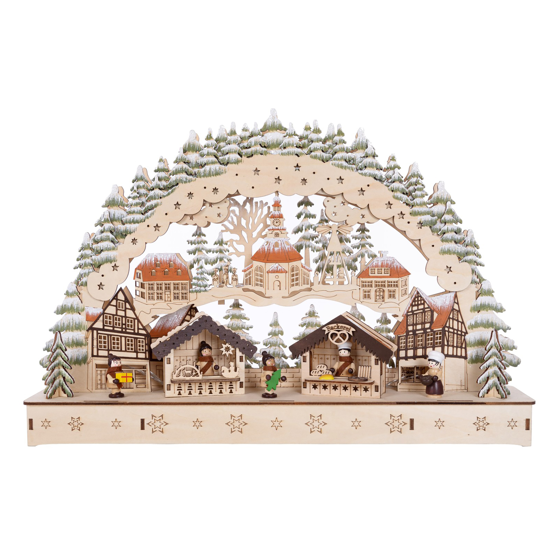 LED Holz Schwibbogen 44 x 30 cm - Motiv: Wintermarkt - Deko Lichterbogen mit Weihnachtsmotiv