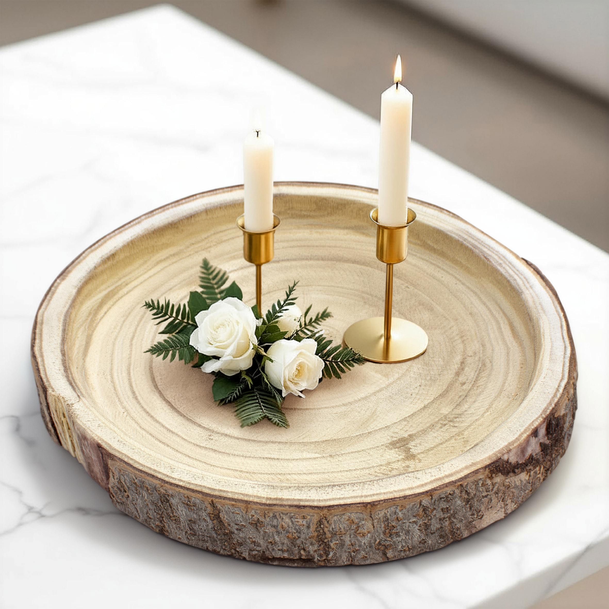 Echtholz Baumscheibe mit gefräster Vertiefung - 28-30 cm - Holzscheibe mit Rinde zum Dekorieren