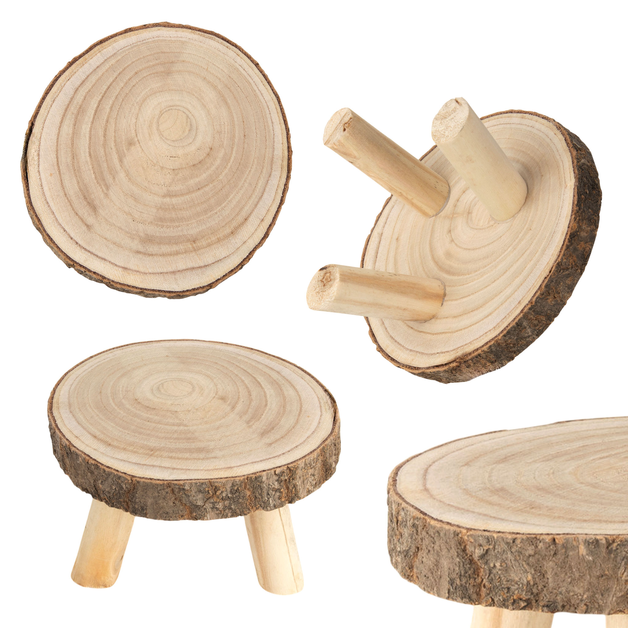 Blumenhocker aus Baumscheibe rund mit Rinde - 2er Set - Holz Pflanzenständer natur auf 3 Füßen