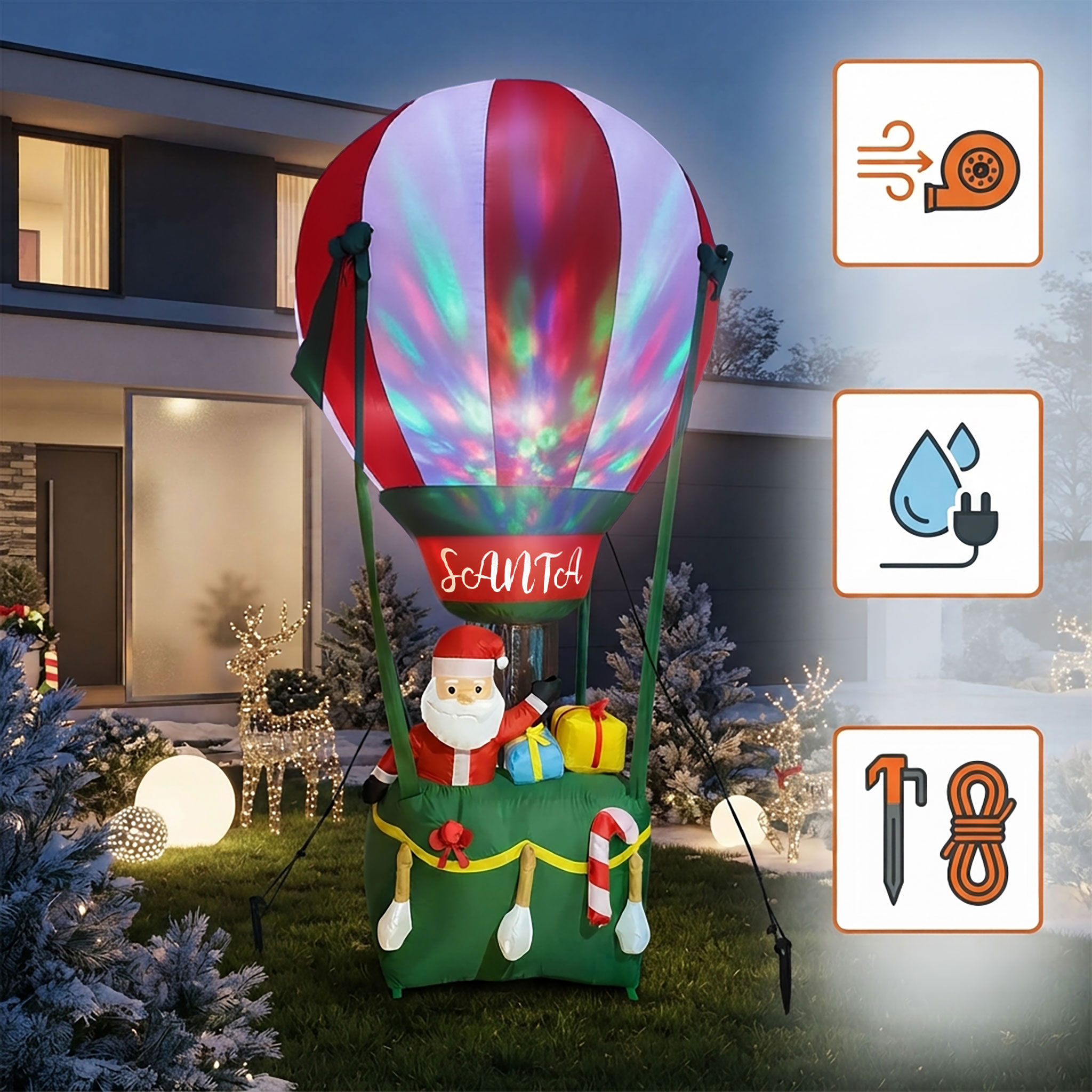 Aufblasbarer XL Weihnachts Heißluftballon mit LED Beleuchtung - 210 x 110 cm - Riesen Nikolaus Gartendeko selbstaufblasend bunt beleuchtet