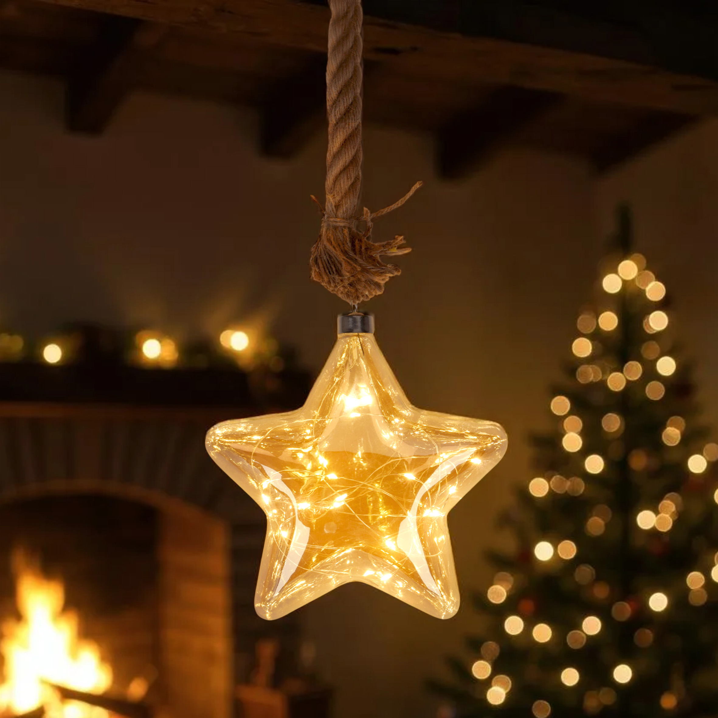 LED Glas Weihnachtsstern mit Tau zum Hängen mit Timer - Ø 20 cm - Stern Dekohänger warm weiß beleuchtet Batterie betrieben