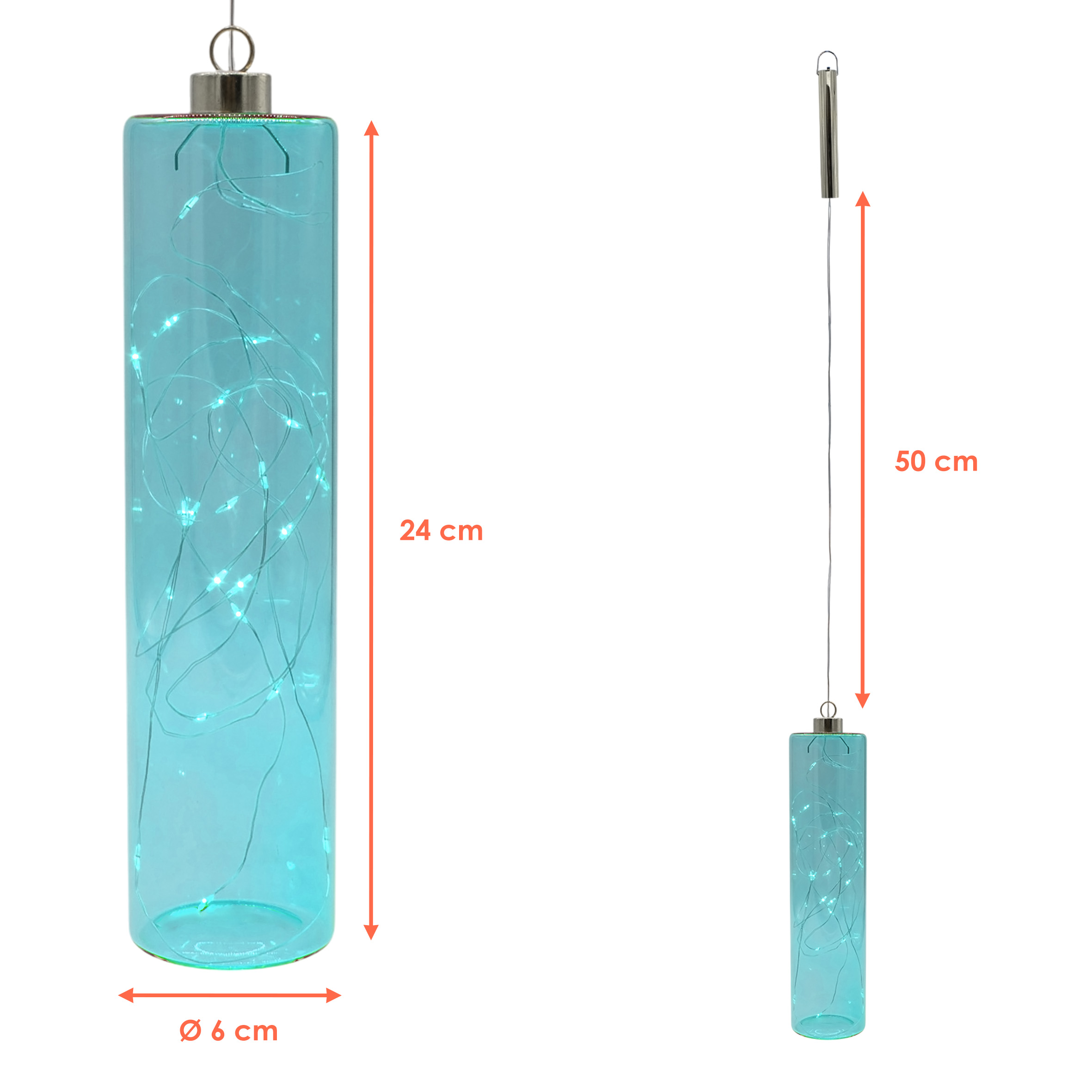 LED Glas Pendelleuchte petrol blau mit Timer - 24 x 6 cm - Hängelampe Batterie betrieben warm weiß beleuchtet