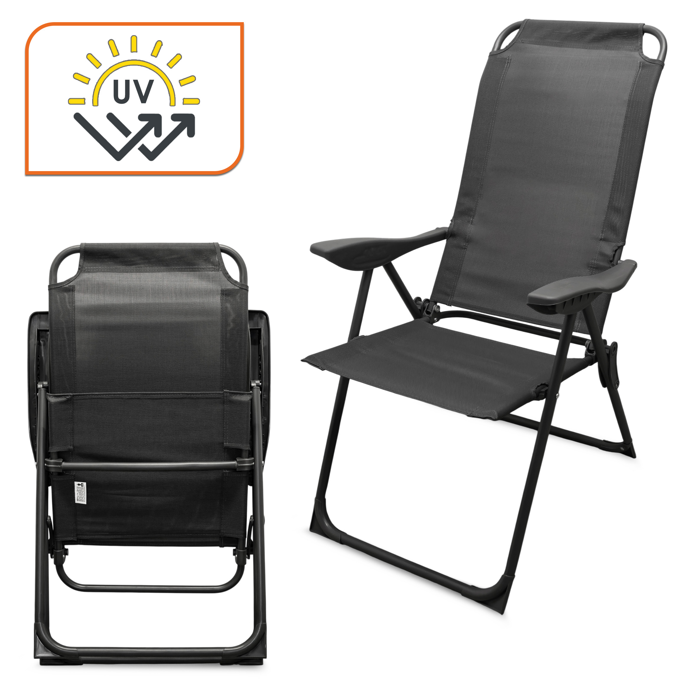 Metall Garten Klappstuhl 108 x 62 cm mit 5-fach verstellbarer Rückenlehne - grau - Campingstuhl mit Textil Gewebe bis 110 kg belastbar