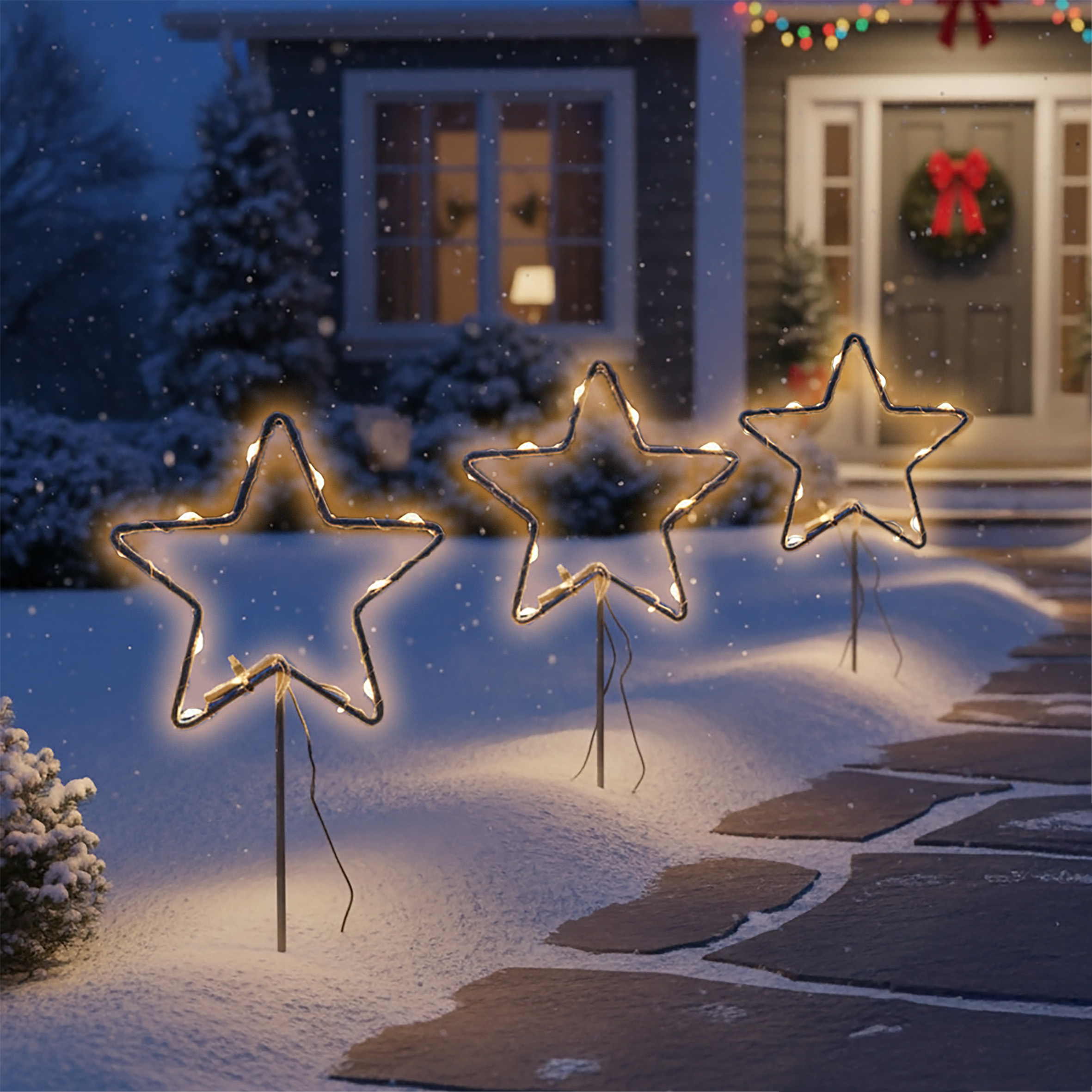 Metall Leuchtstern Gartenstecker 3er Set schwarz 30 LED mit Timer - 21 cm - Weihnachts Beetstecker soft gold beleuchtet mit Erdspieß batteriebetrieben
