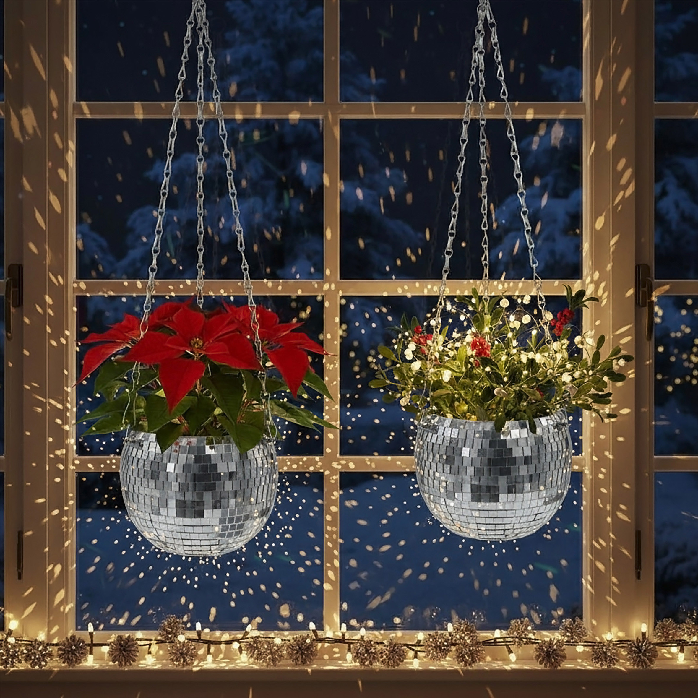 Hänge Pflanztopf im Discokugel Design 15 cm mit Metallkette - 2er Set - Blumenampel in Spiegelkugel Optik zum Aufhängen