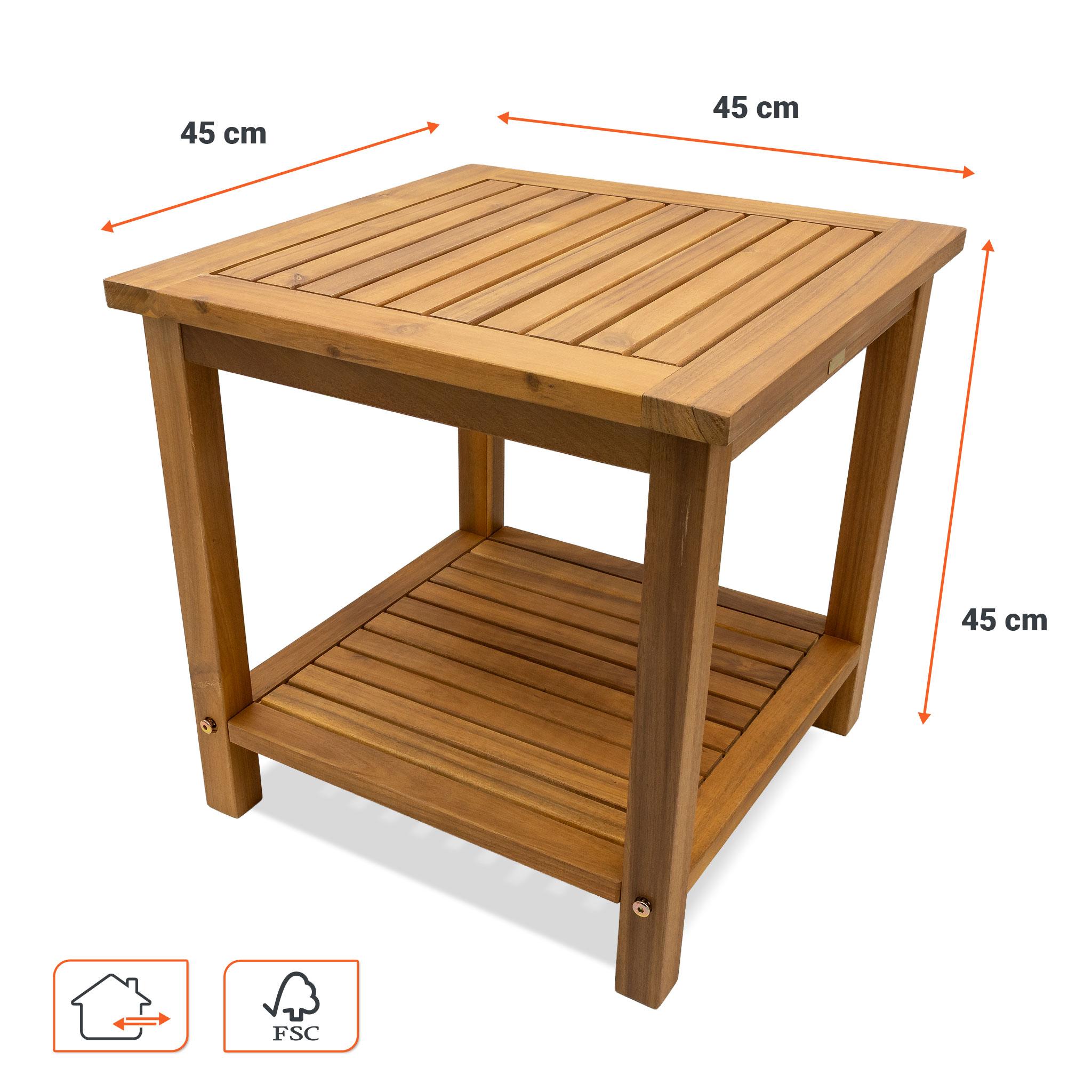 Akazien Beistelltisch geölt - 45 x 45 cm - Holz Gartentisch mit 2 Ablagen - Couchtisch Bistrotisch Holztisch aus Akazienholz für Balkon Terrasse Garten