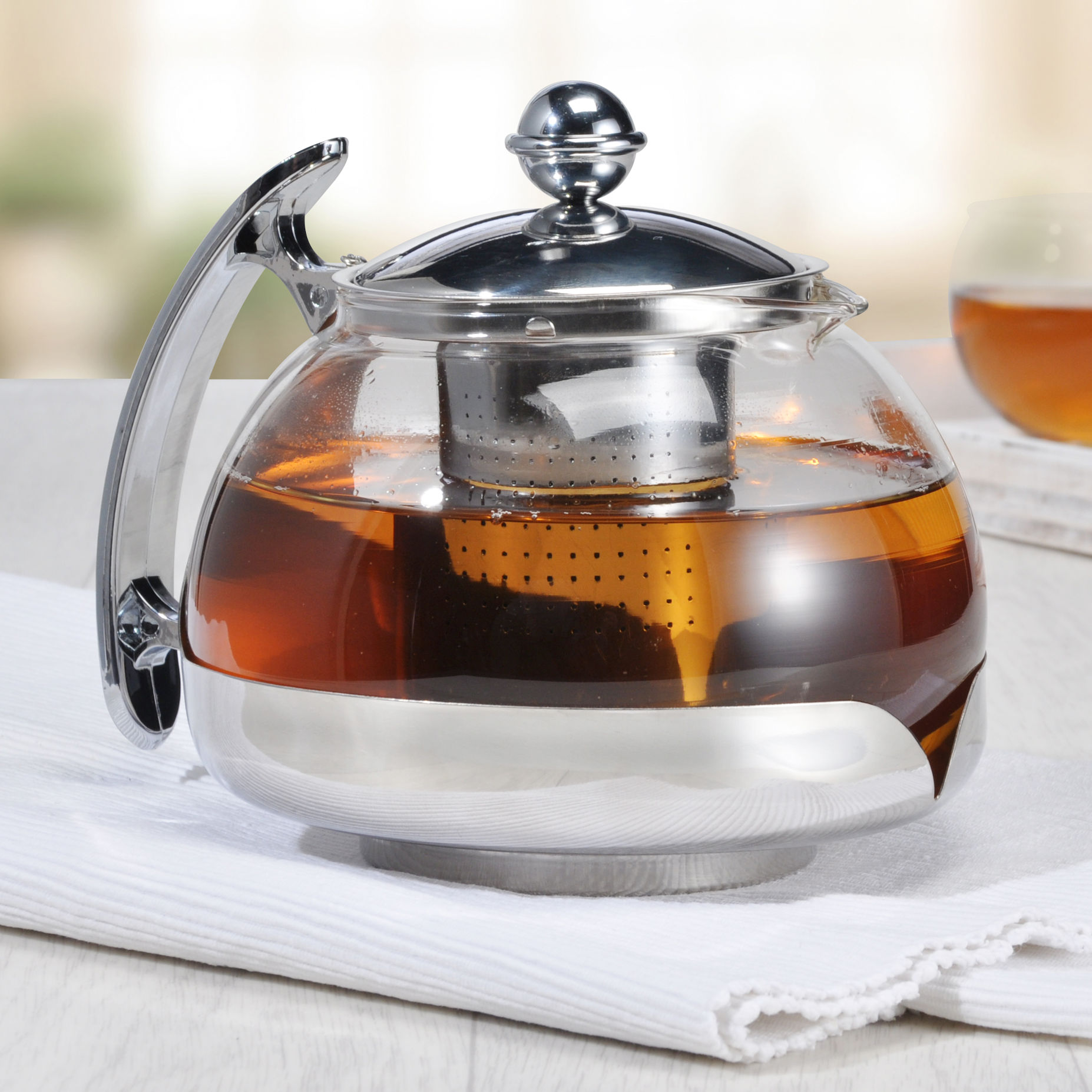 Glas Teekanne mit Edelstahl Teesieb - 1,2 L - Glaskanne mit Metall Filtereinsatz - Teebereiter Glaskanne für Tee