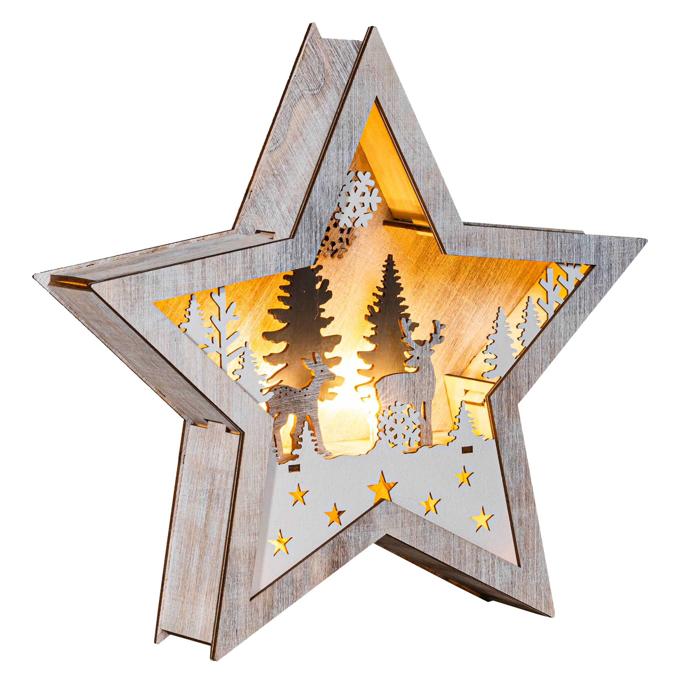LED Weihnachts Stern aus Holz 25 cm - Rentier im Wald - Deko Aufsteller warm weiß beleuchtet