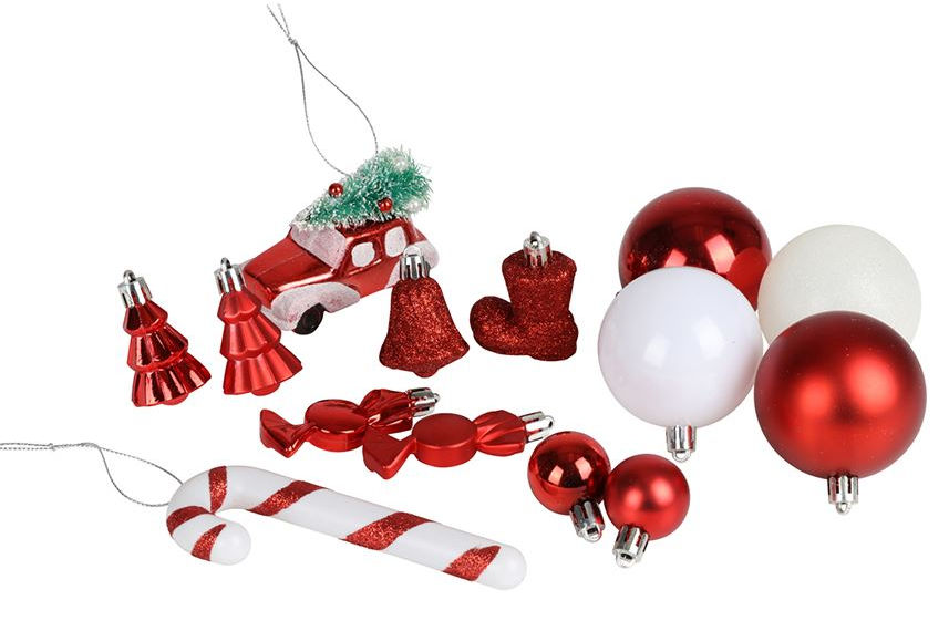 Kunststoff Christbaumschmuck 30 Teile Set - rot / weiß - Weihnachtsbaum Deko Anhänger in Aufbewahrungsbox