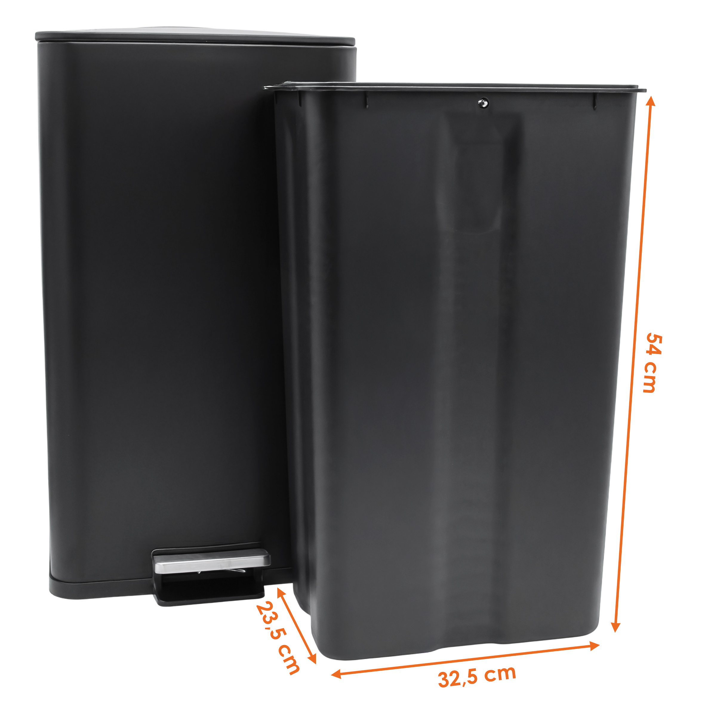 Edelstahl Tretmülleimer eckig schwarz matt 61 x 33 cm mit Deckel - 30 L - Metall Mülleimer mit Fußpedal und entnehmbarem Inneneimer