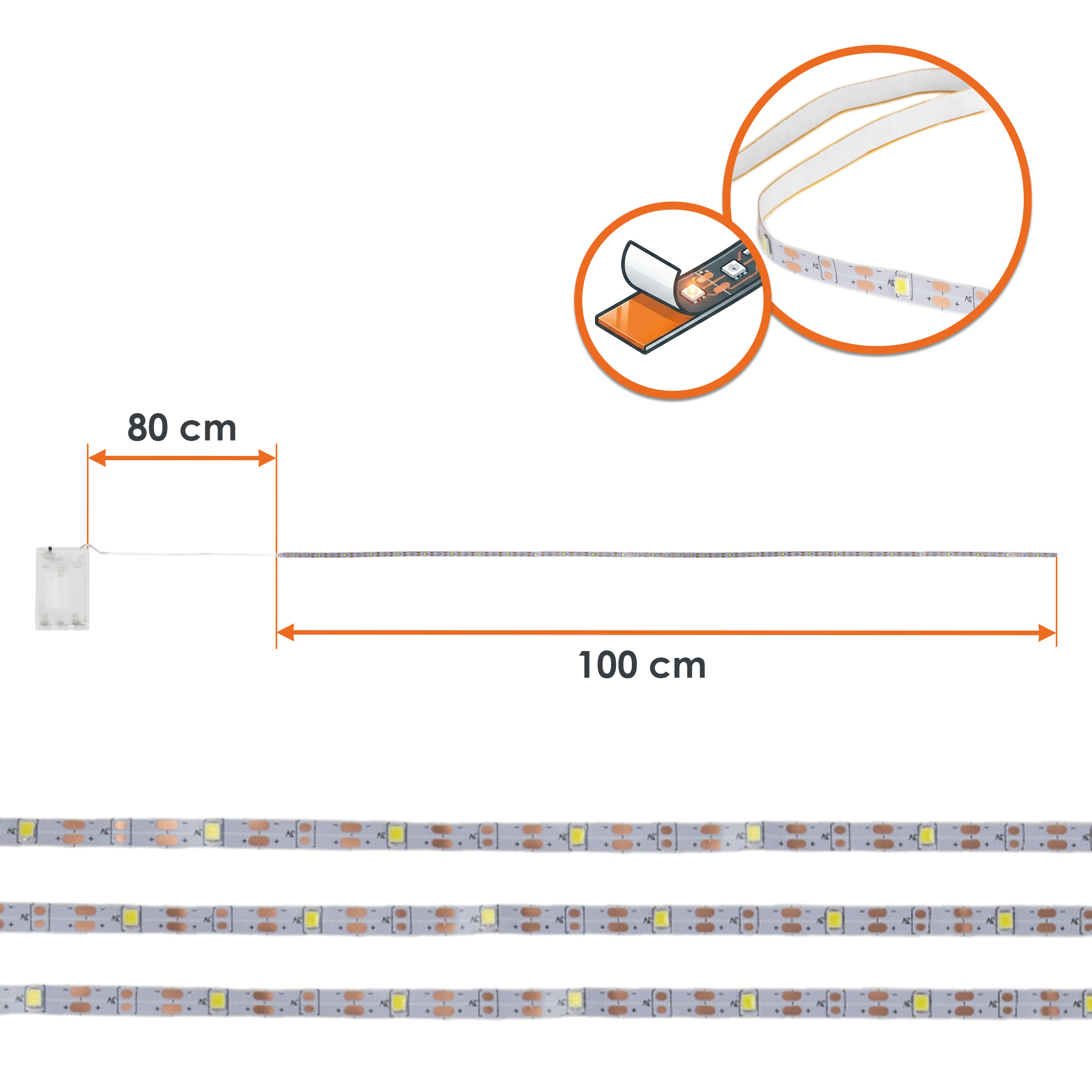 LED Stripe 1 Meter - 30 LED mit Batteriefach - Farbe: wählbar