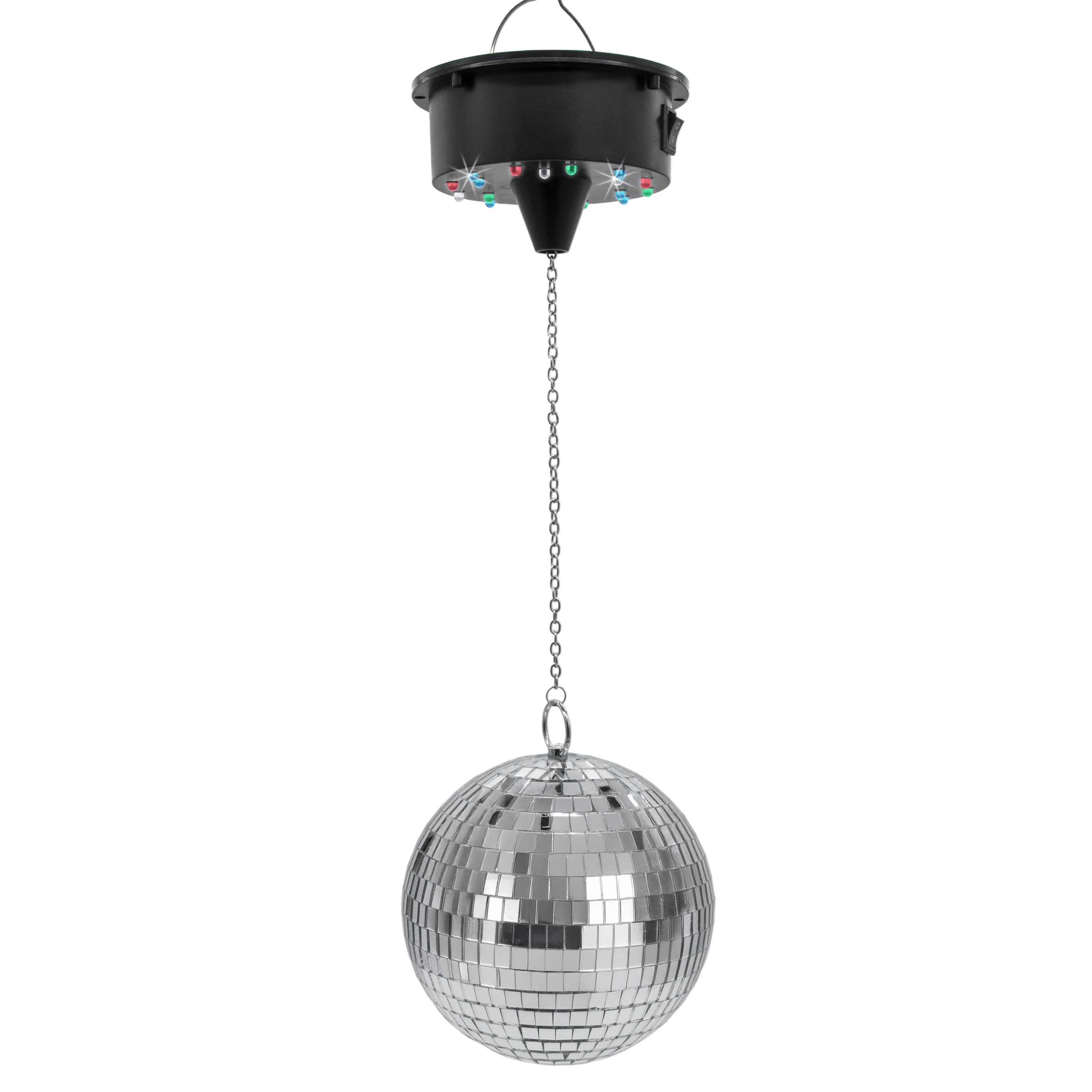 Discokugel mit Drehmotor batteriebetrieben und LED Beleuchtung in bunt - 15 cm - Spiegelkugel drehend mit Echtglas Facetten in silber