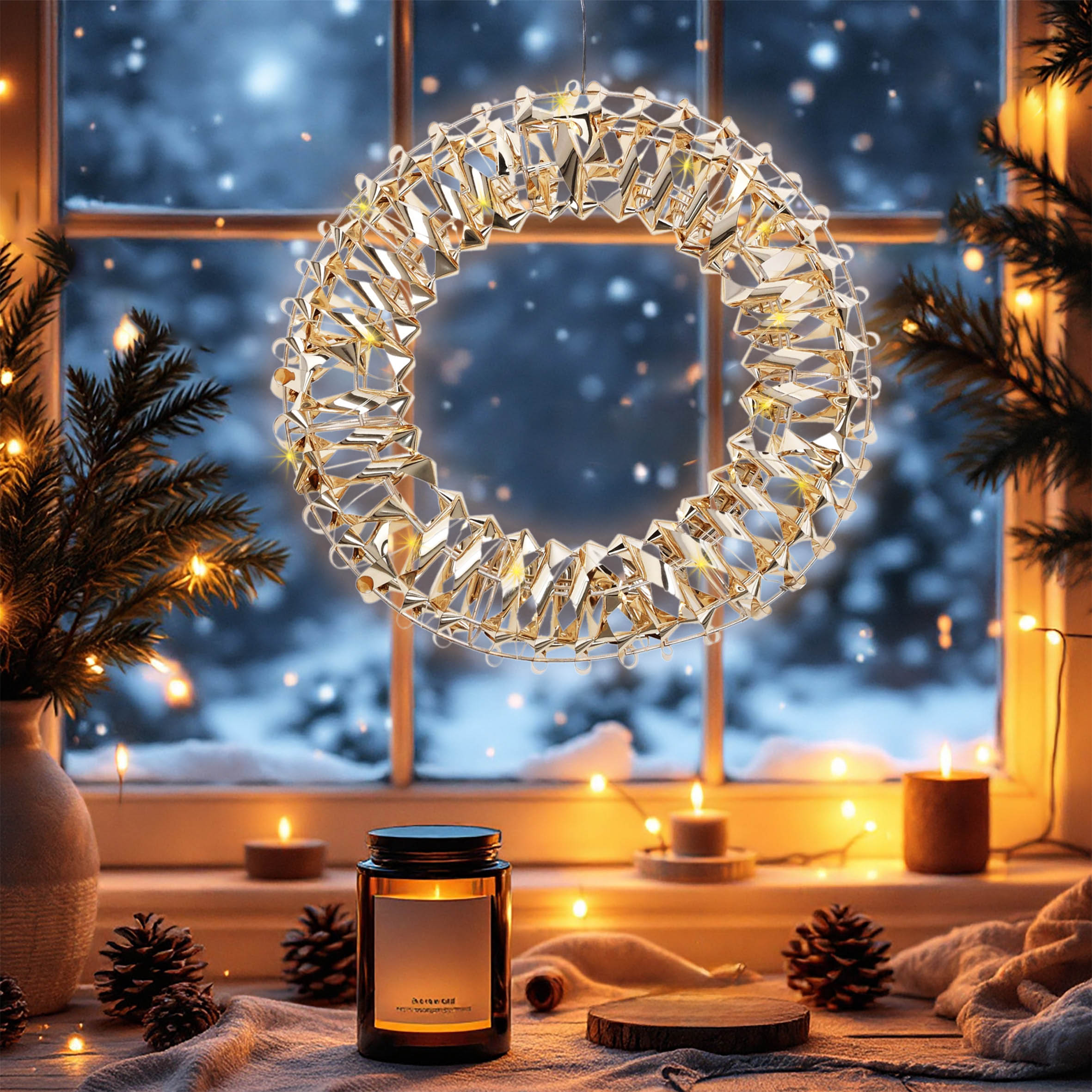 Goldener Ring mit 3D Effekt und Timer  - 30 cm - aus Metall mit LED Lichterkette umwickelt Batterie betrieben