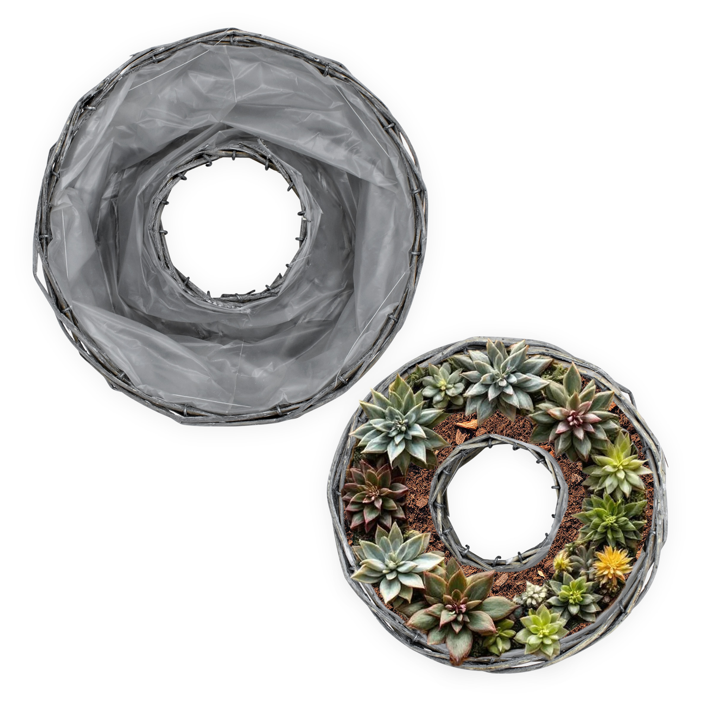 Rattan Pflanzring natur mit Folie 2er Set - 30 / 25 cm - Naturfaser Blumenschale zum direkten Bepflanzen