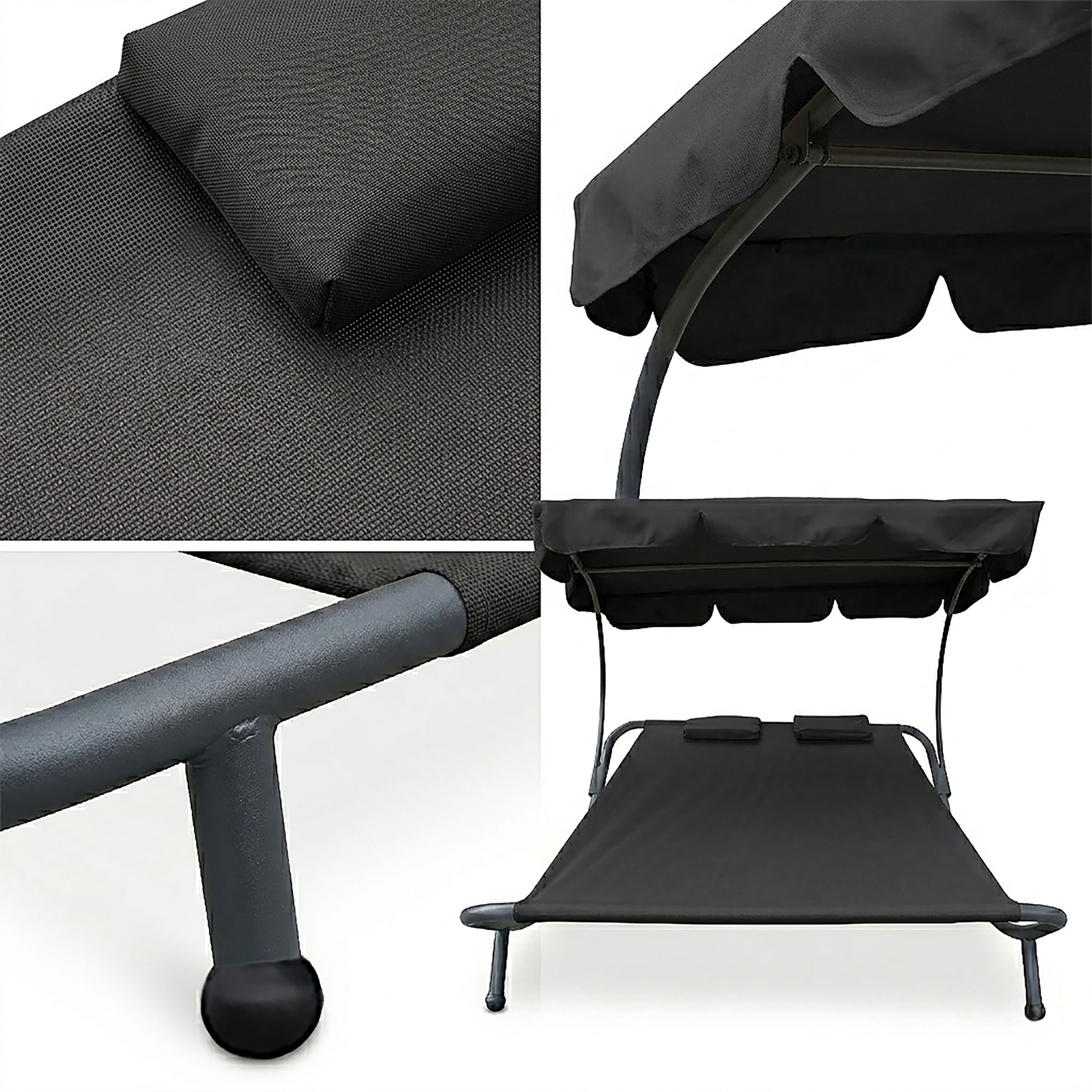 Doppel Sonnenliege mit Dach 199 x 174 cm - schwarz - XXL Liege mit mit verstellbarem Sonnendach belastbar bis 260 kg