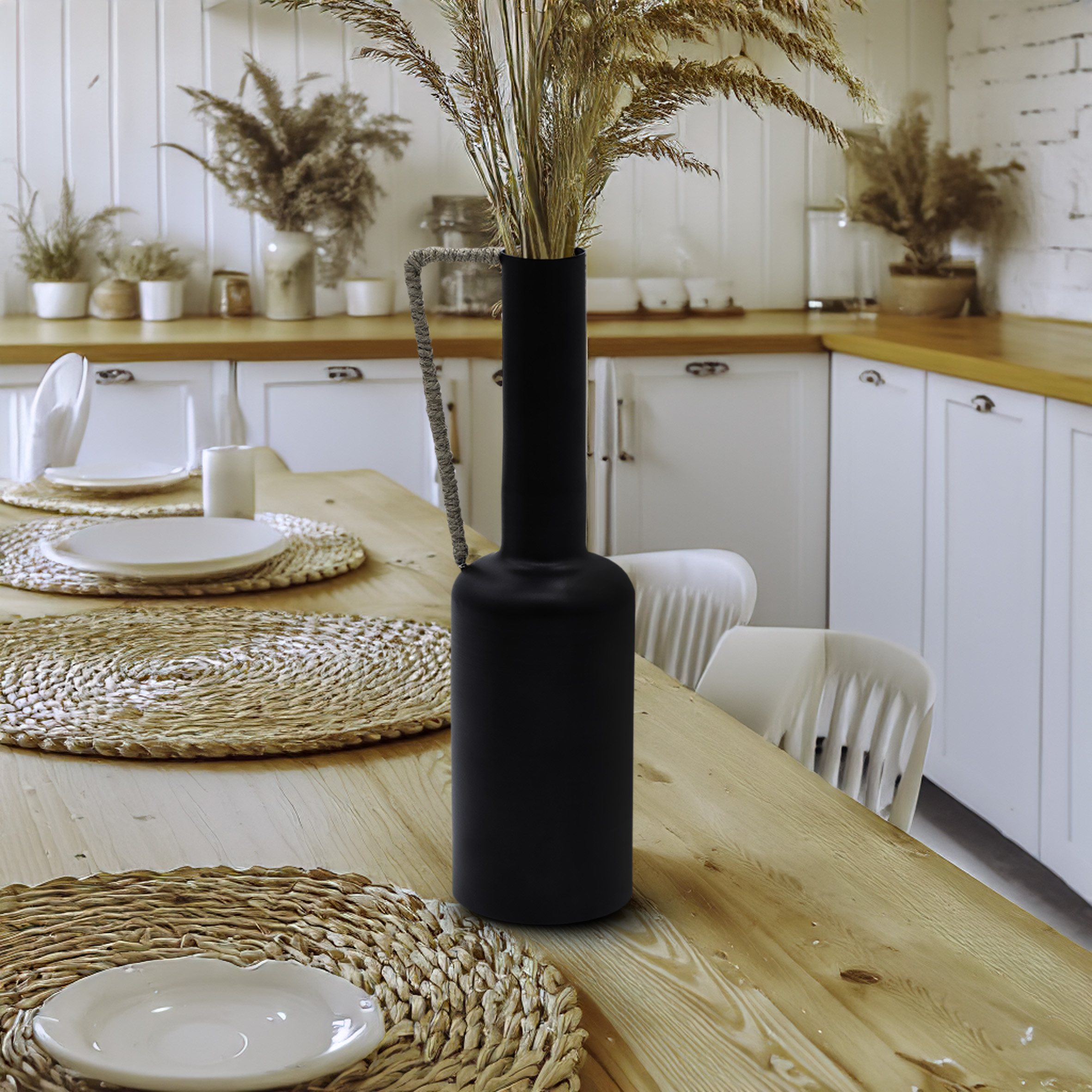 Metall Blumenvase AMANDA schwarz -  32 cm - Moderne Tischvase mit Henkel