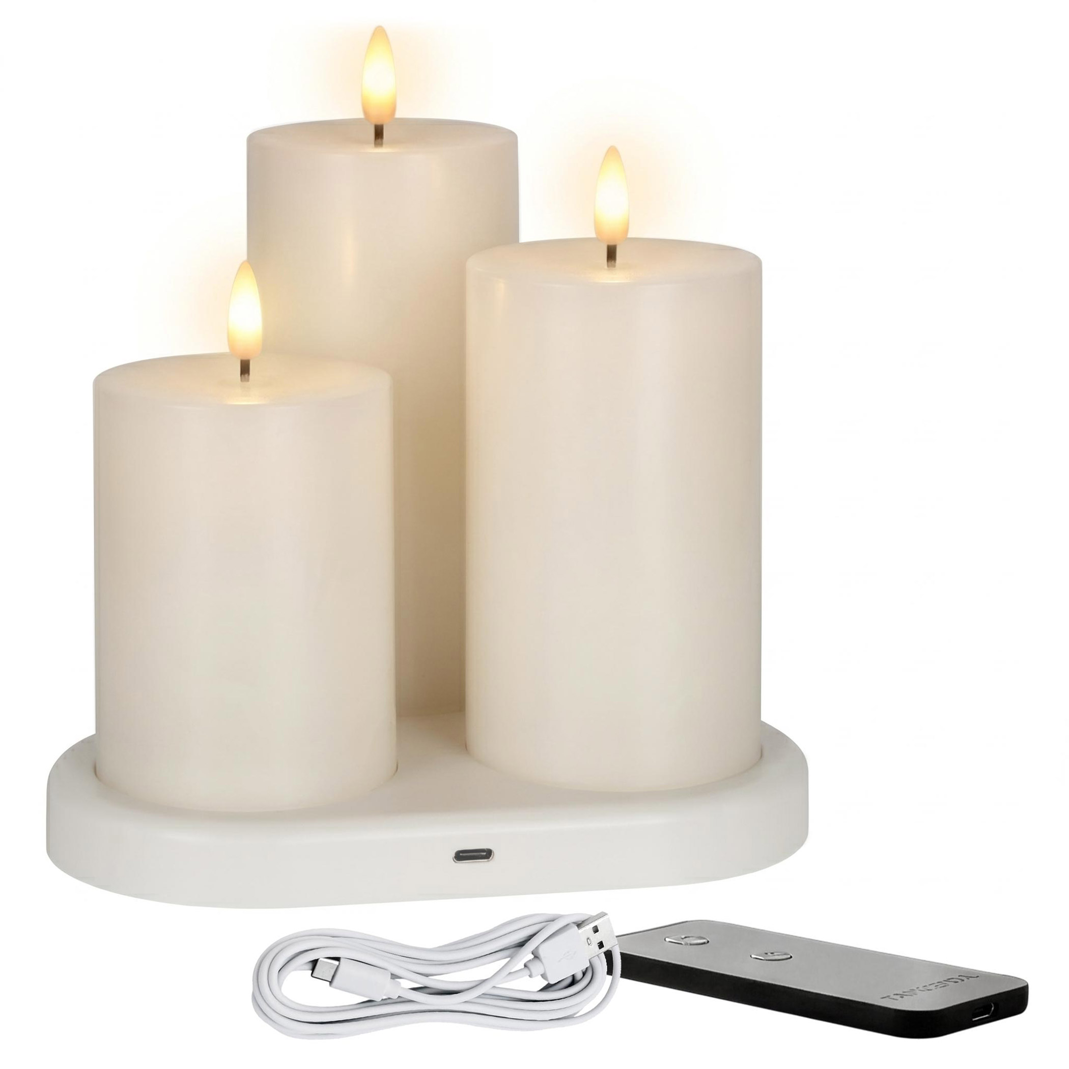 LED Echtwachs Kerze 3er Set wiederaufladbar mit Ladestation und Fernbedienung - 15 / 12 / 10 cm