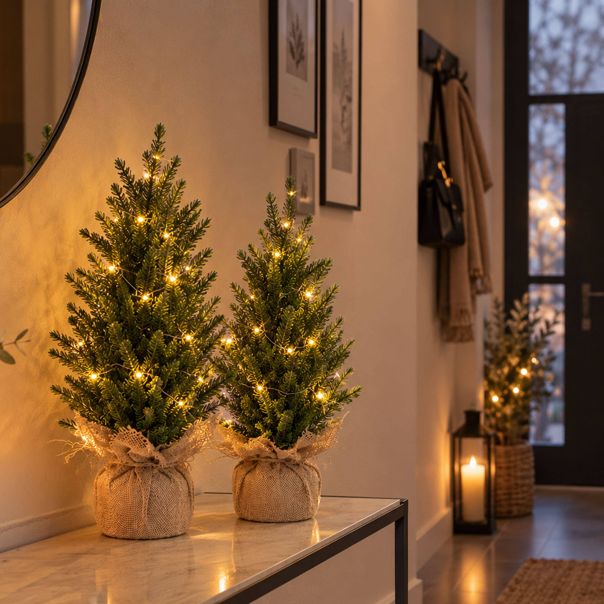 Mini Kunst Tannenbaum warm weiß beleuchtet 43 cm - 2er Set - Künstlicher Weihnachtsbaum klein mit je 15 LEDs batteriebetrieben