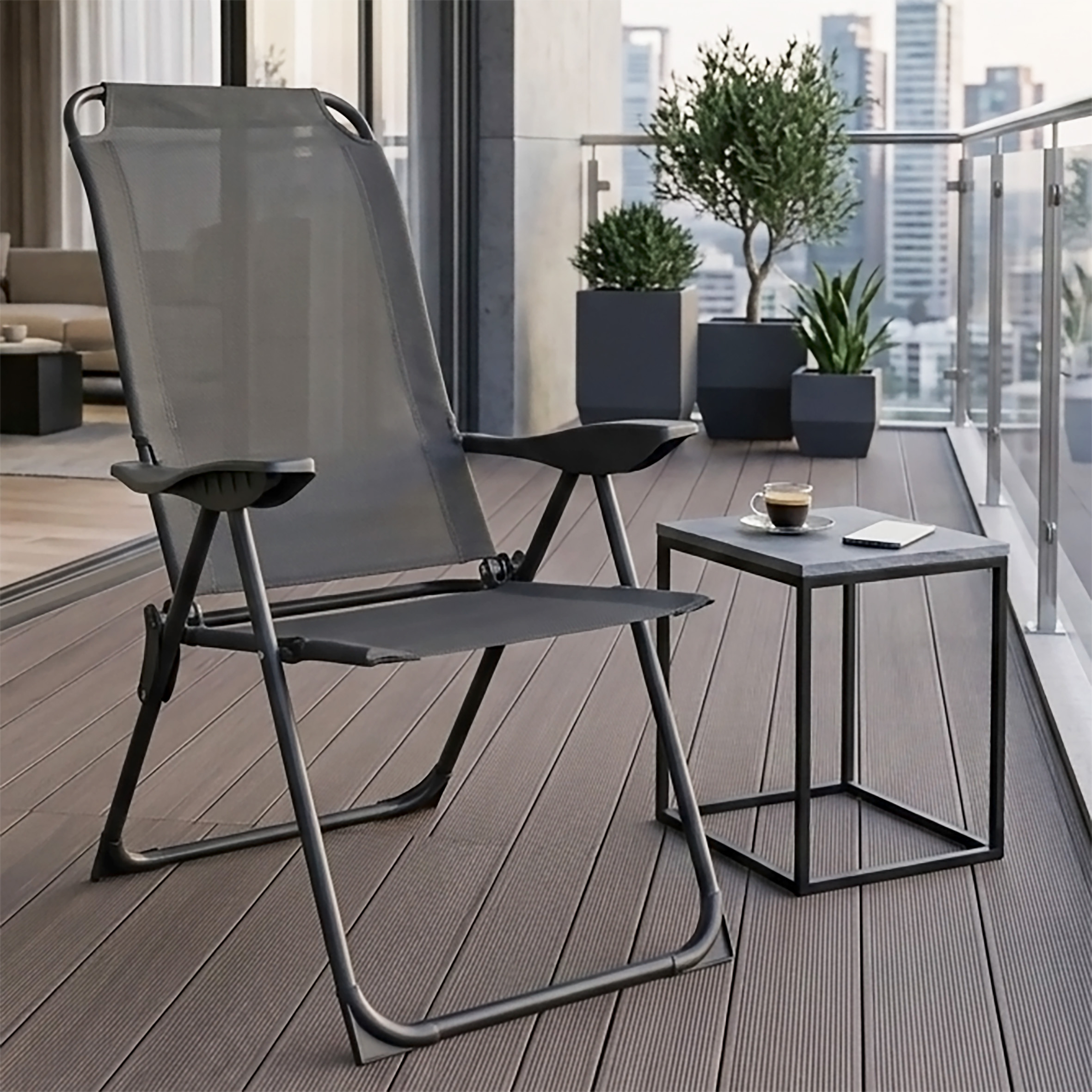 Metall Garten Klappstuhl 108 x 62 cm mit 5-fach verstellbarer Rückenlehne - grau - Campingstuhl mit Textil Gewebe bis 110 kg belastbar