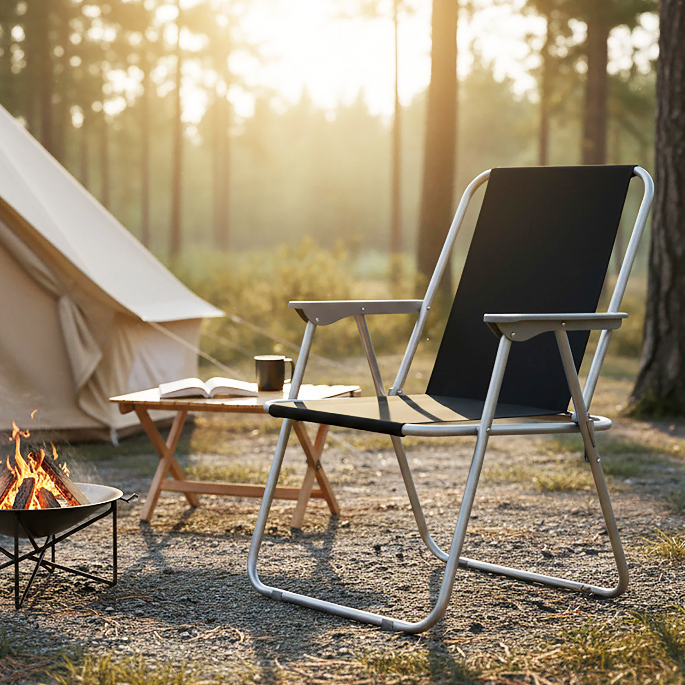 Camping Klappstuhl mit Armlehnen belastbar bis 100 kg - schwarz