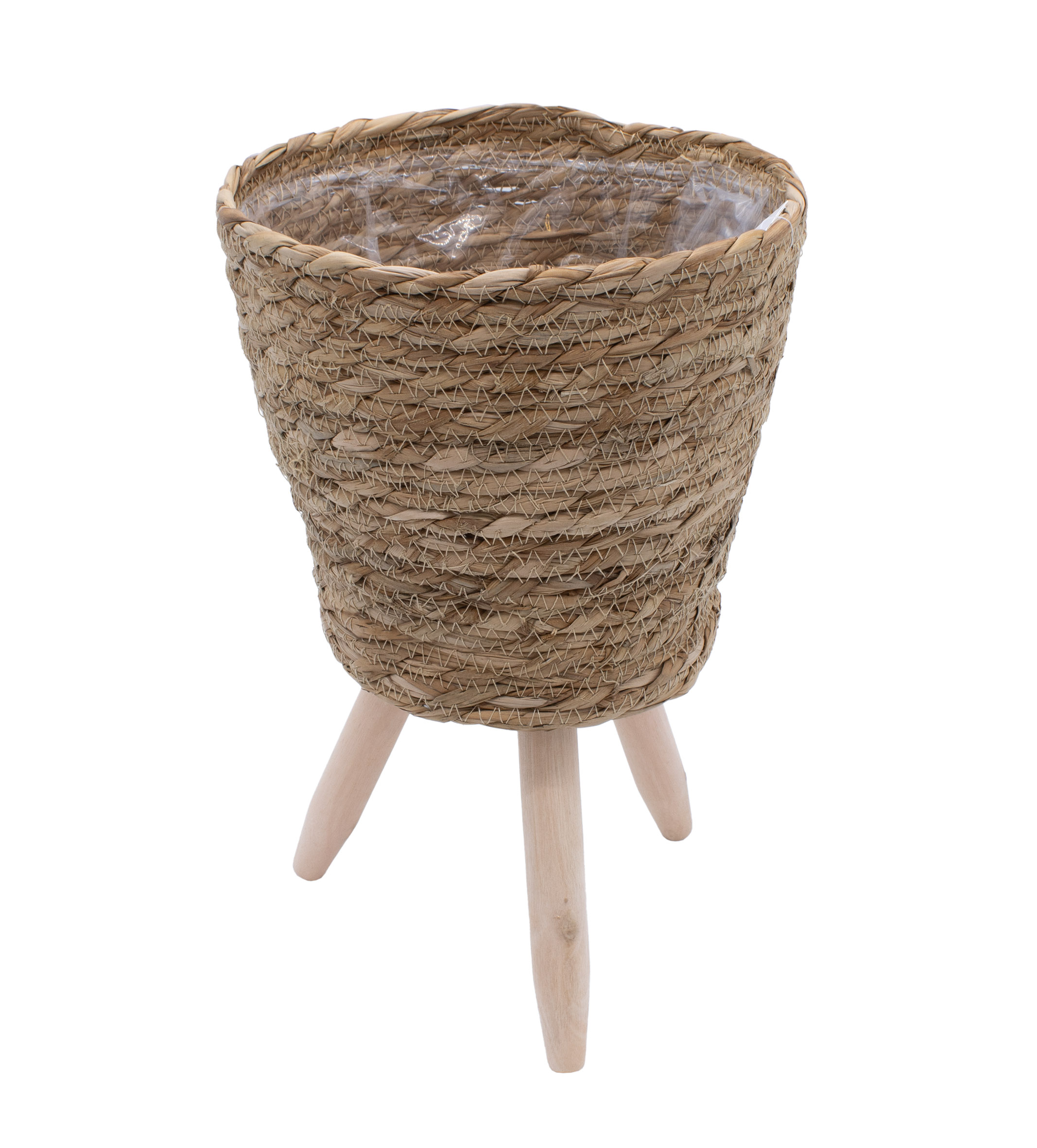 Blumenständer aus Stroh innen mit Folie - 40 x 26 cm - Rattan Pflanzenständer mit 3 Holz Beinen