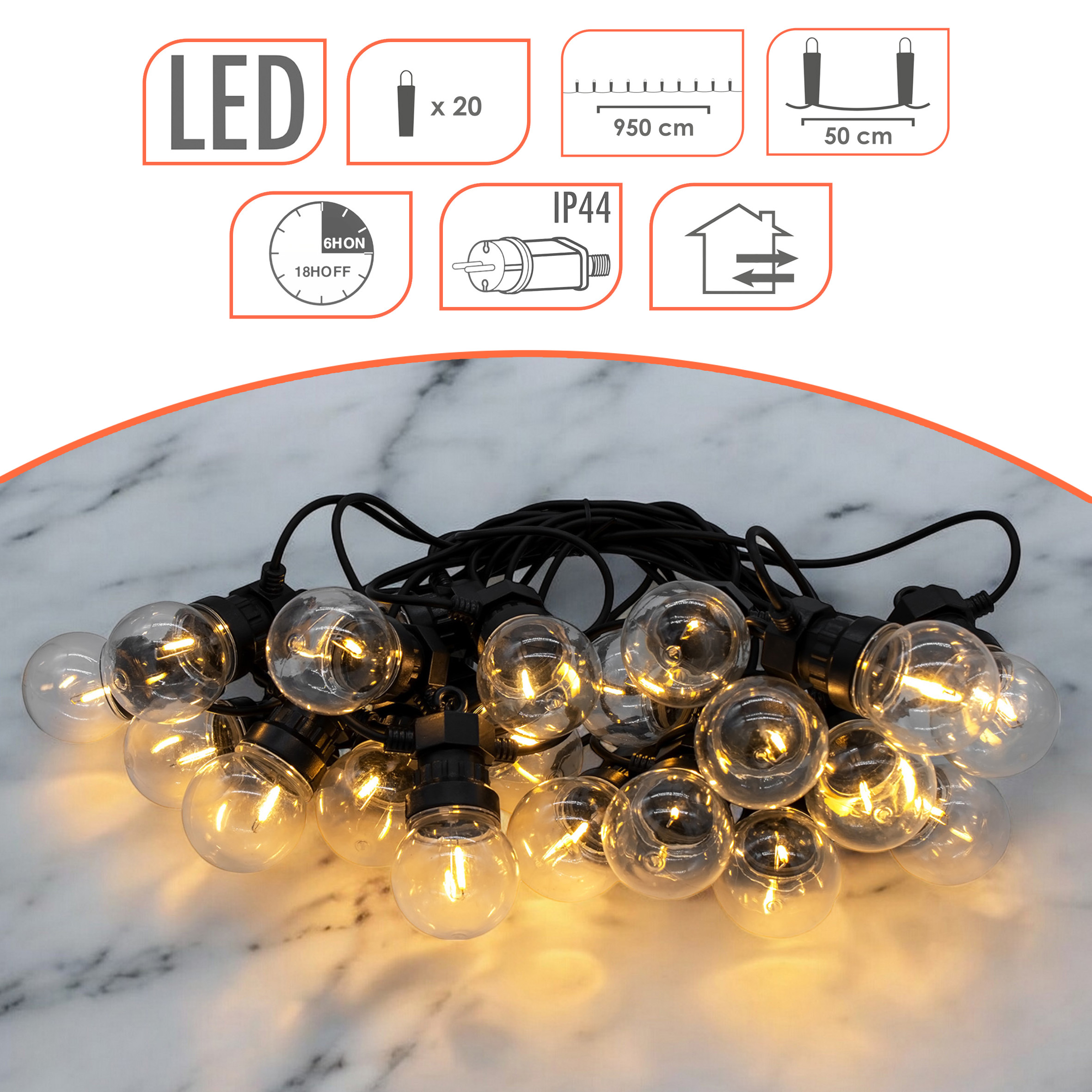 LED Außen Lichterkette 20 LED Glühbirnen mit Timer - 950 cm