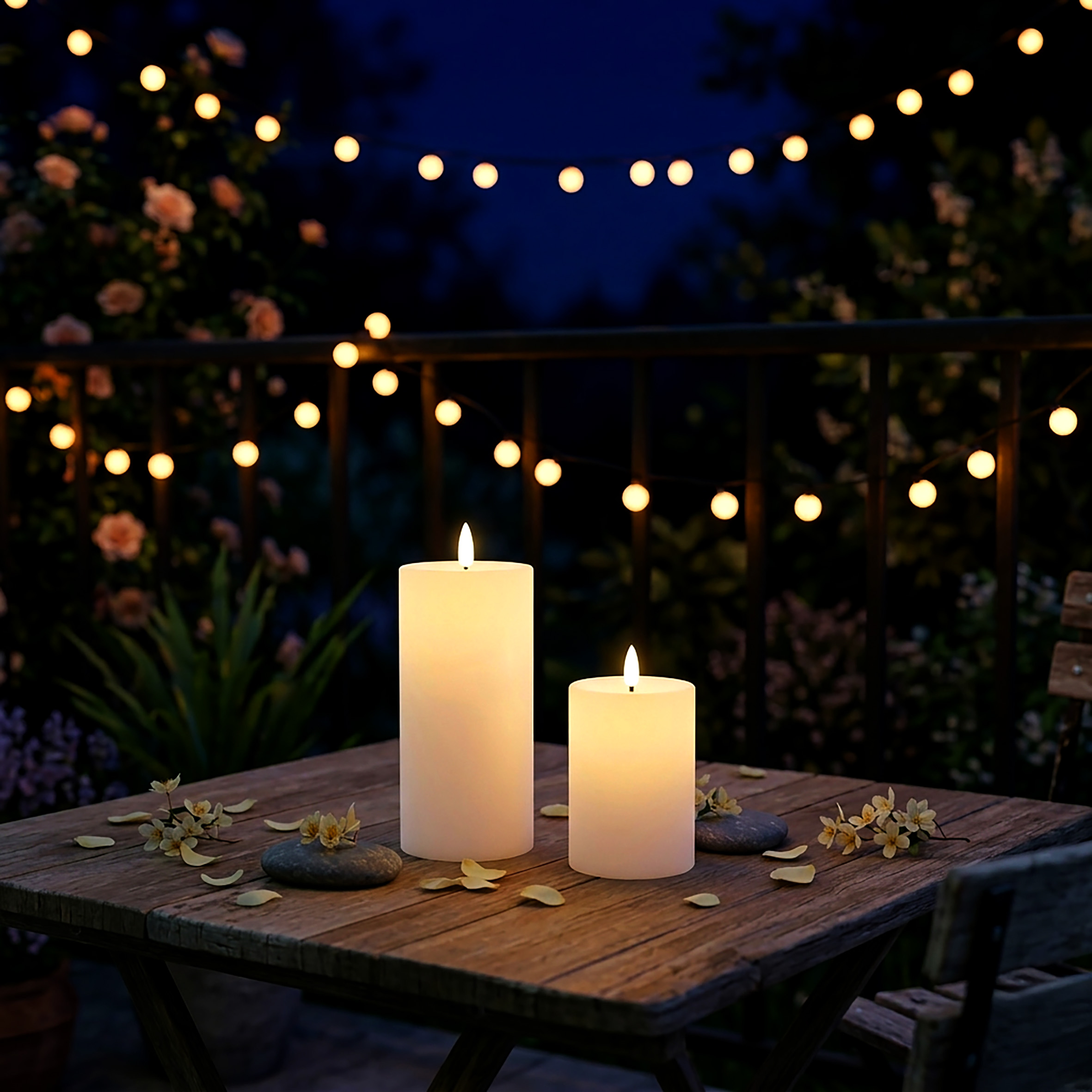 Solar Stumpenkerzen mit Flammen Effekt 2er Set - 10 + 15 cm - Künstliche LED Kerze warm weiß solarbetrieben für Außen