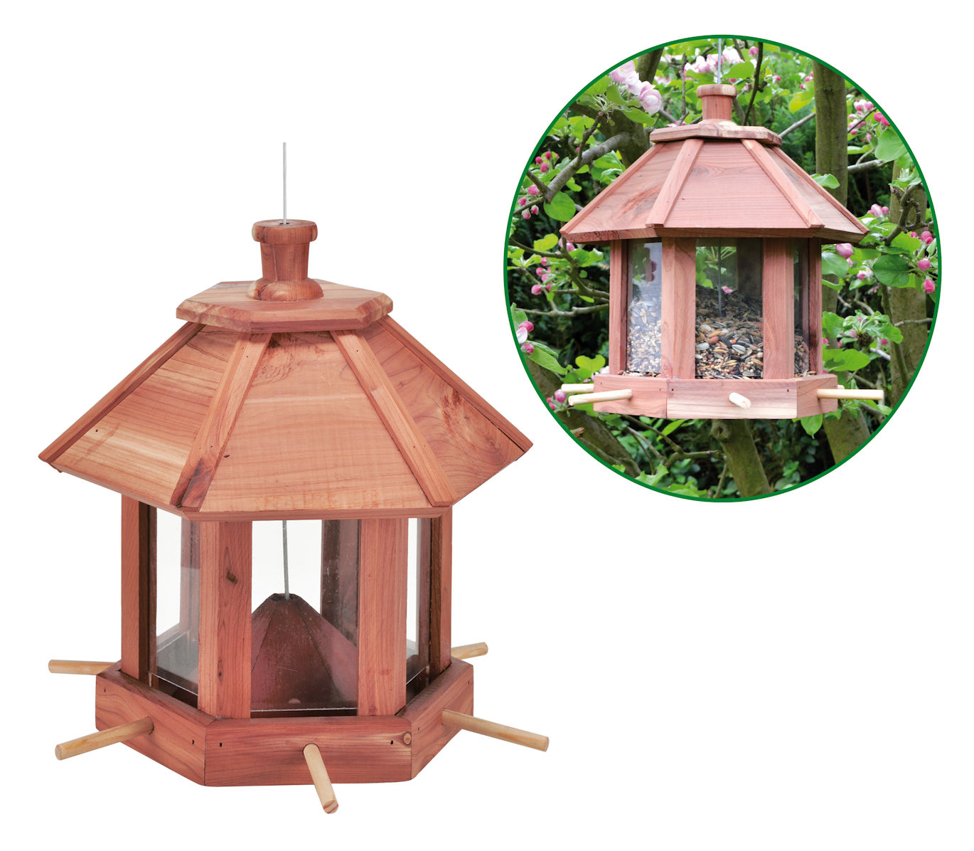 Holz Vogelfutter Haus mit 6 Sitzstangen - 27 x 26 cm - Vogel Futterstation zum aufhängen 