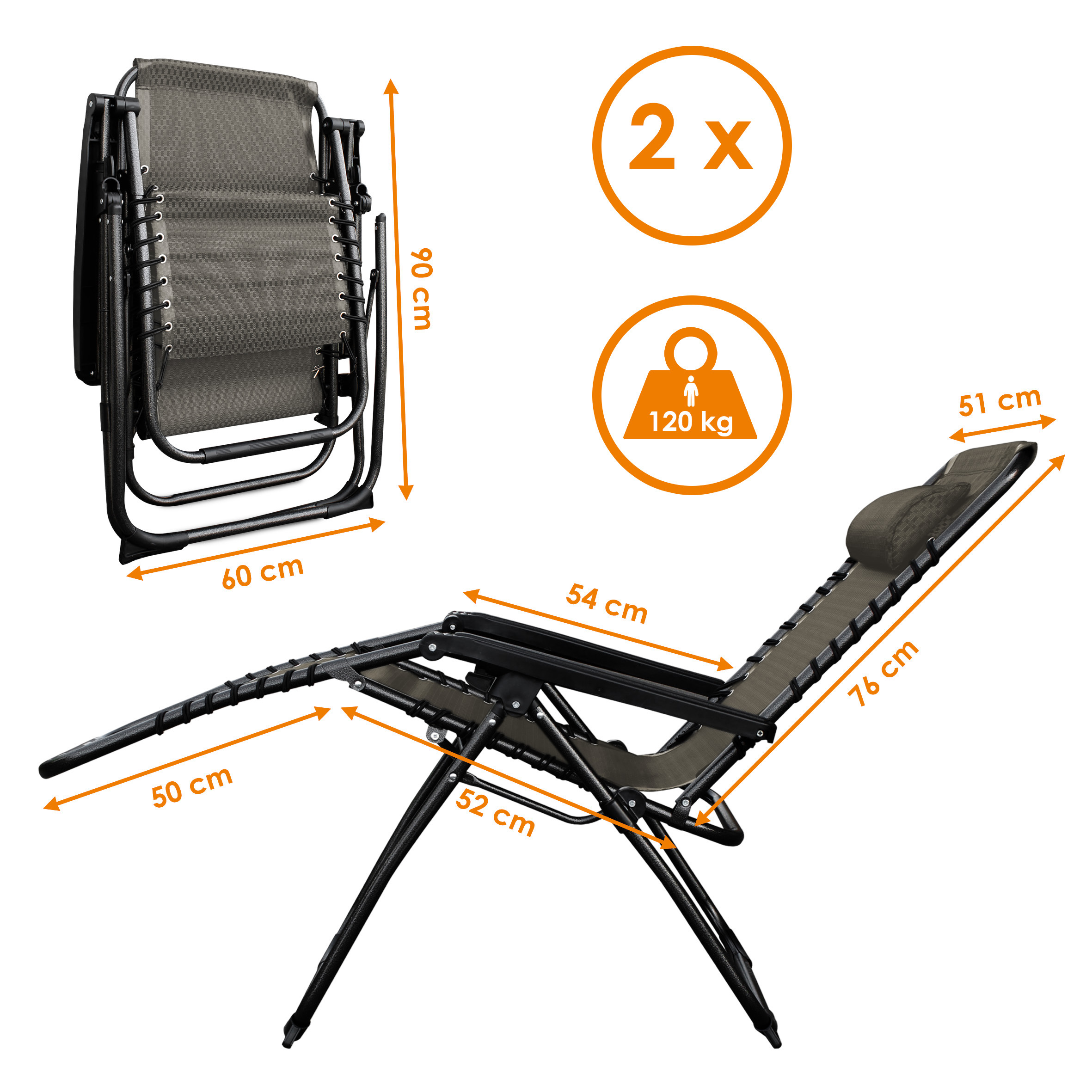 Liegestuhl mit Kopfkissen 2er Set 178 cm klappbar - taupe - Garten Relax Liege mit stufenlos verstellbarer Rückenlehne und Fußteil
