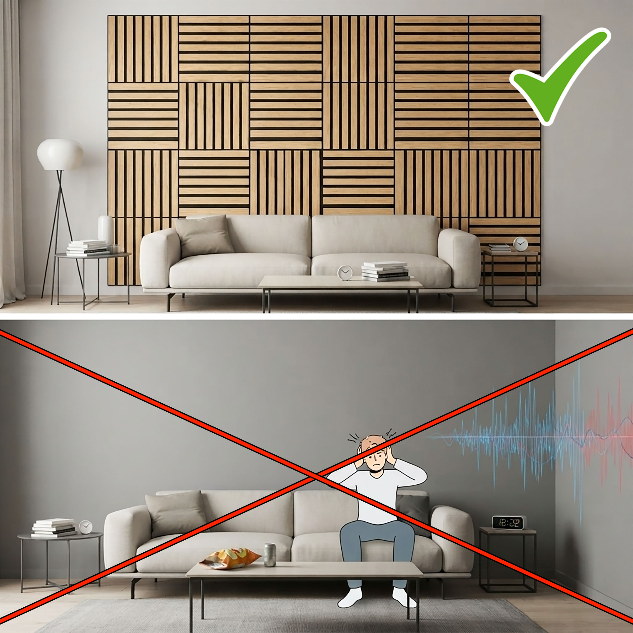 Akustikpaneele quadratisch in heller Holzoptik natur hell 30 x 30 cm als Schallabsorber - 4er Set - Deko Schallschutz Wandvertäfelung für 0,36 m²