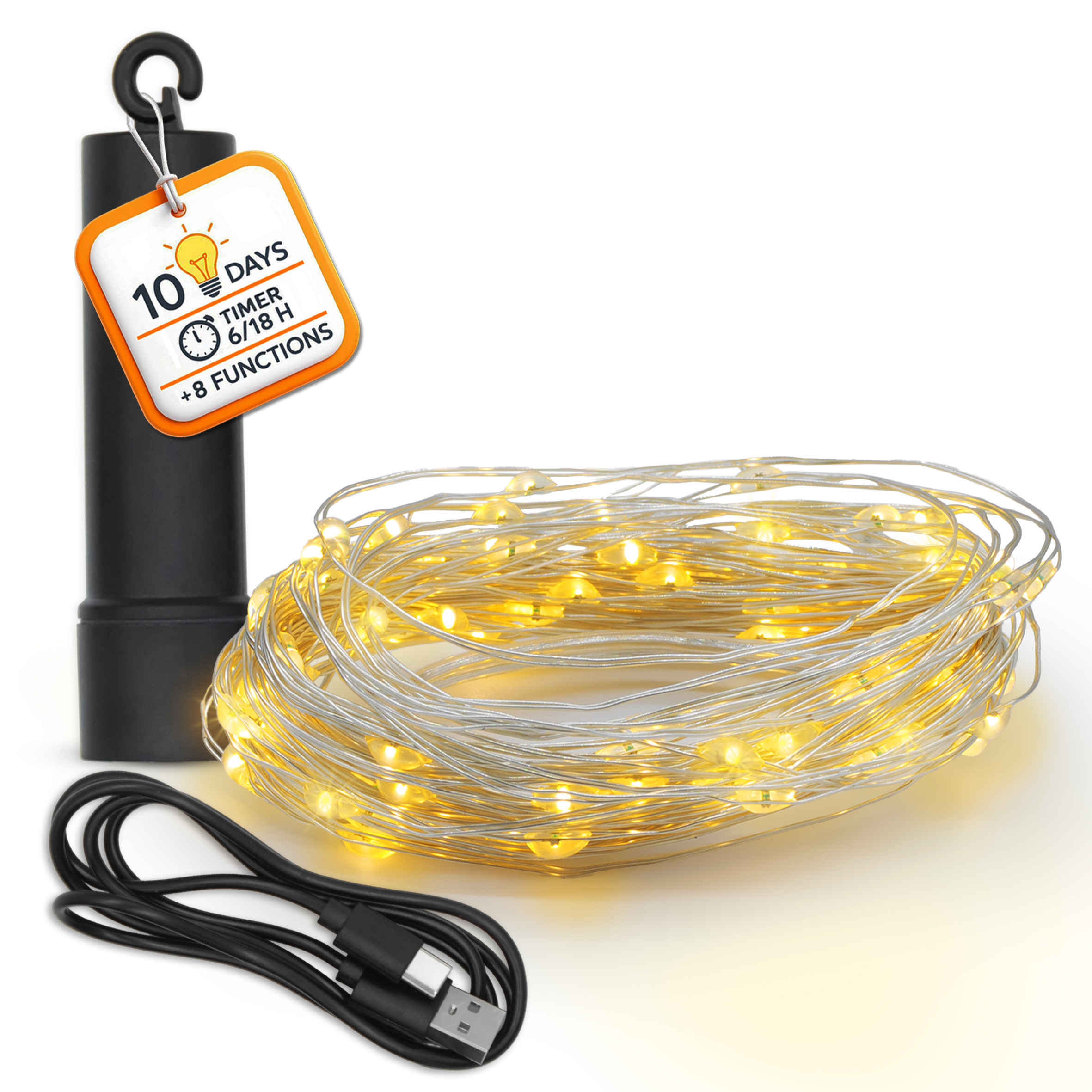 Akku Draht Lichterkette wiederaufladbar 10 Stunden Leuchtdauer mit Timer - 10 m mit 100 LED - Garten Dekobeleuchtung warm weiß mit 8 Funktionen