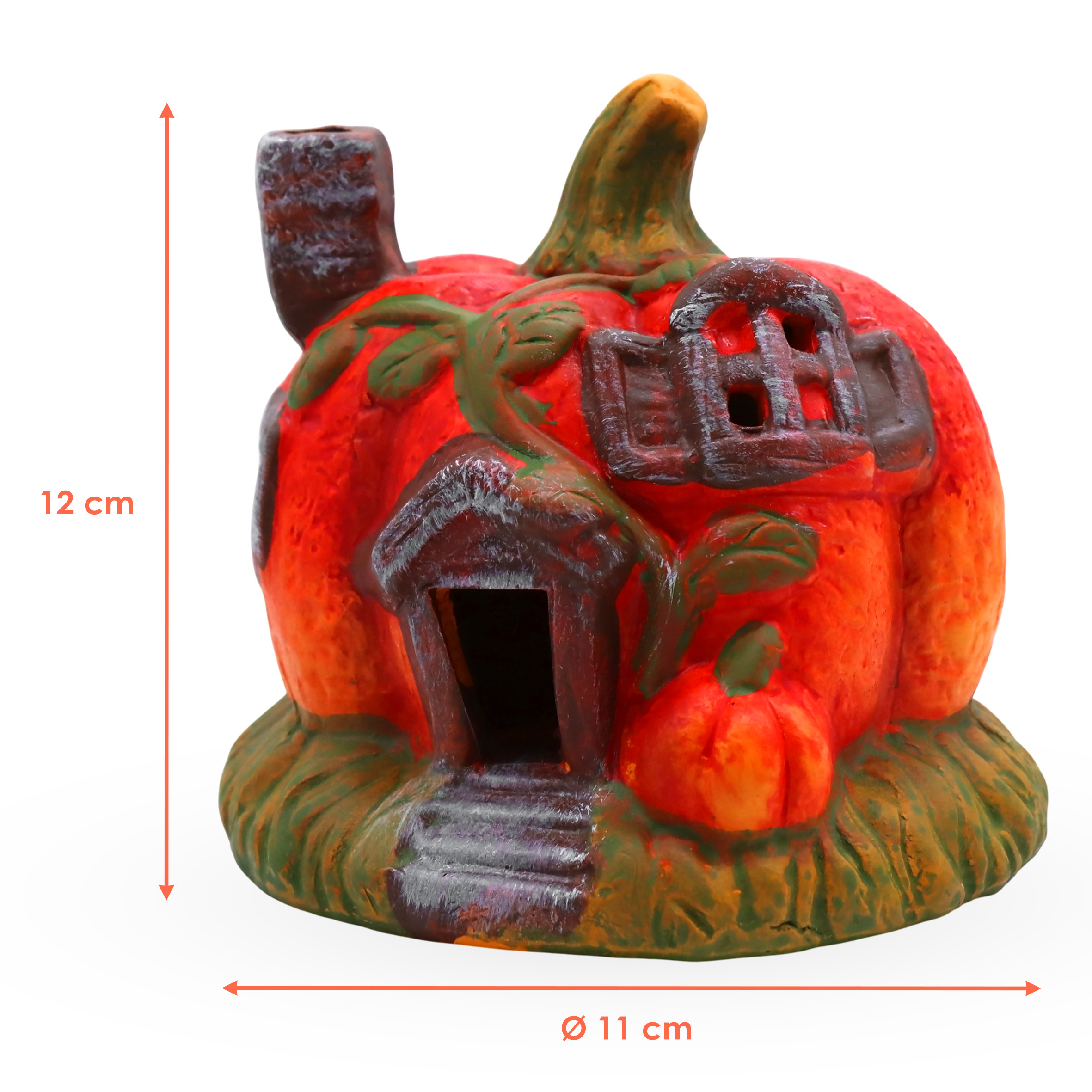 LED Kürbis Haus aus Ton mit Timer batteriebetrieben - 12 cm - Herbstdeko Zierkürbis aus Steinzeug warm weiß beleuchtet