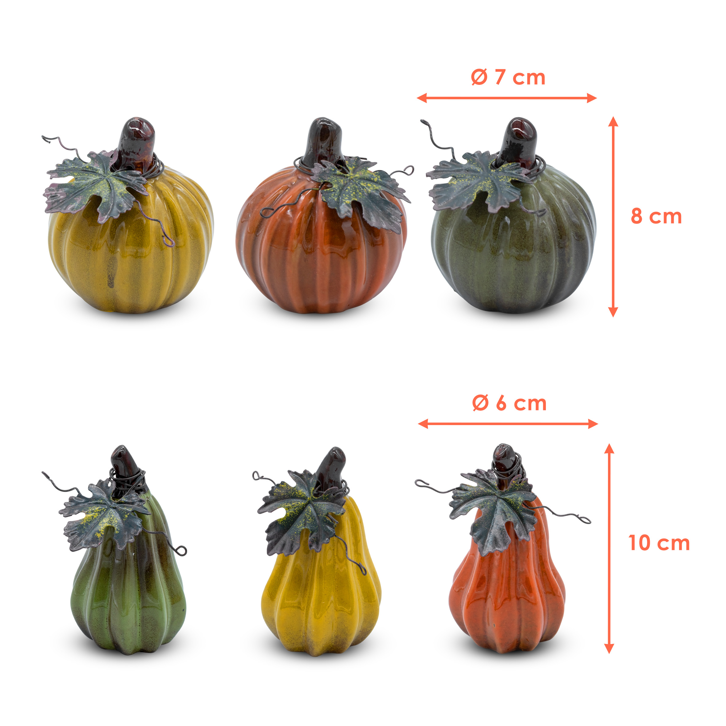 Deko Kürbis aus Steinzeug farbig lasiert - 6er Set - Herbstdeko Zierkürbis aus Ton zum Hinstellen
