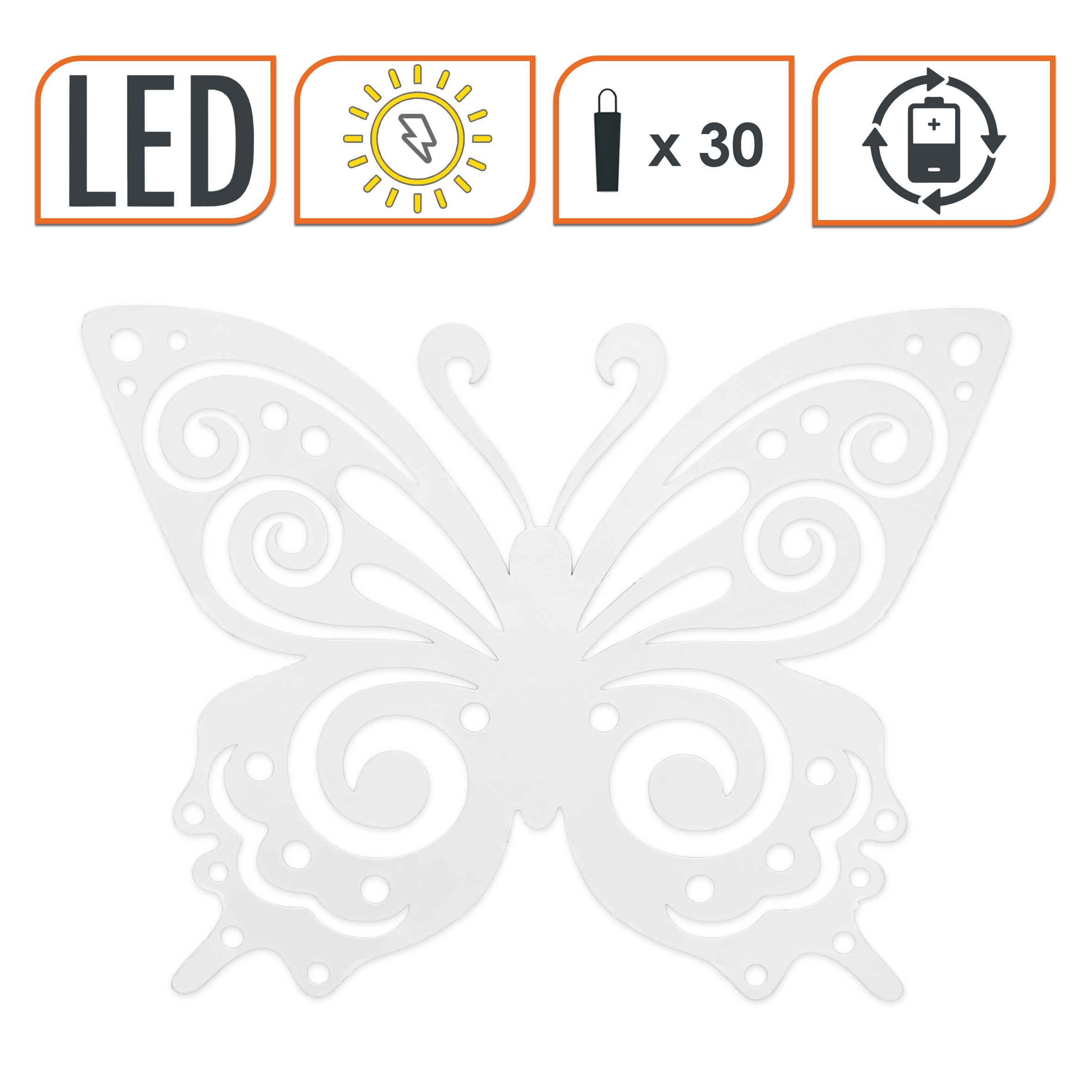 Solar Wandbild Schmetterling weiß mit 30 LED - 34 x 27 cm - Metall Wanddeko für Außen warm weiß beleuchtet