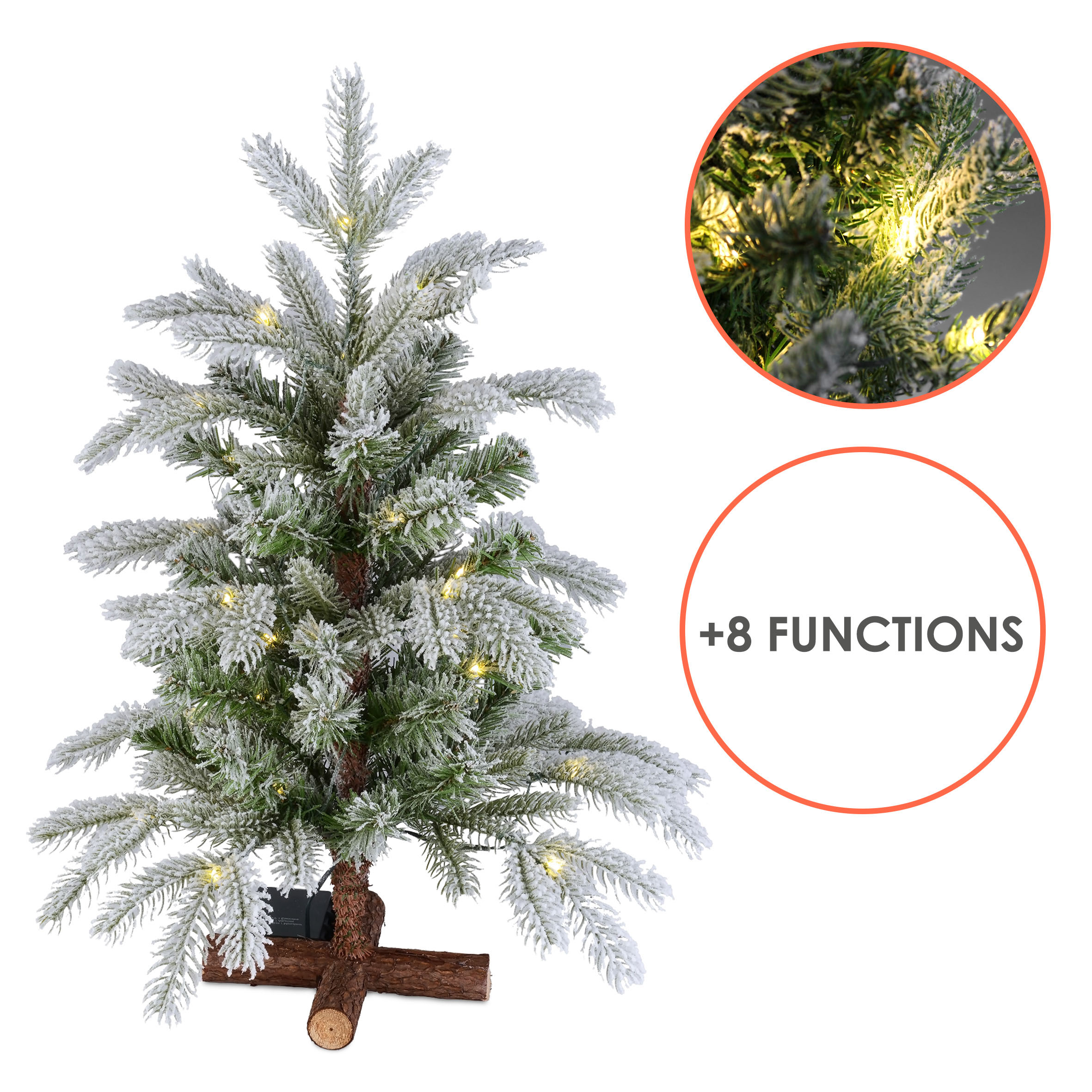 Kunst Tannenbaum mit Schnee warm weiß beleuchtet mit 8 Funktionen - 60 cm - Künstlicher Weihnachtsbaum mit 30 LED Batterie betrieben