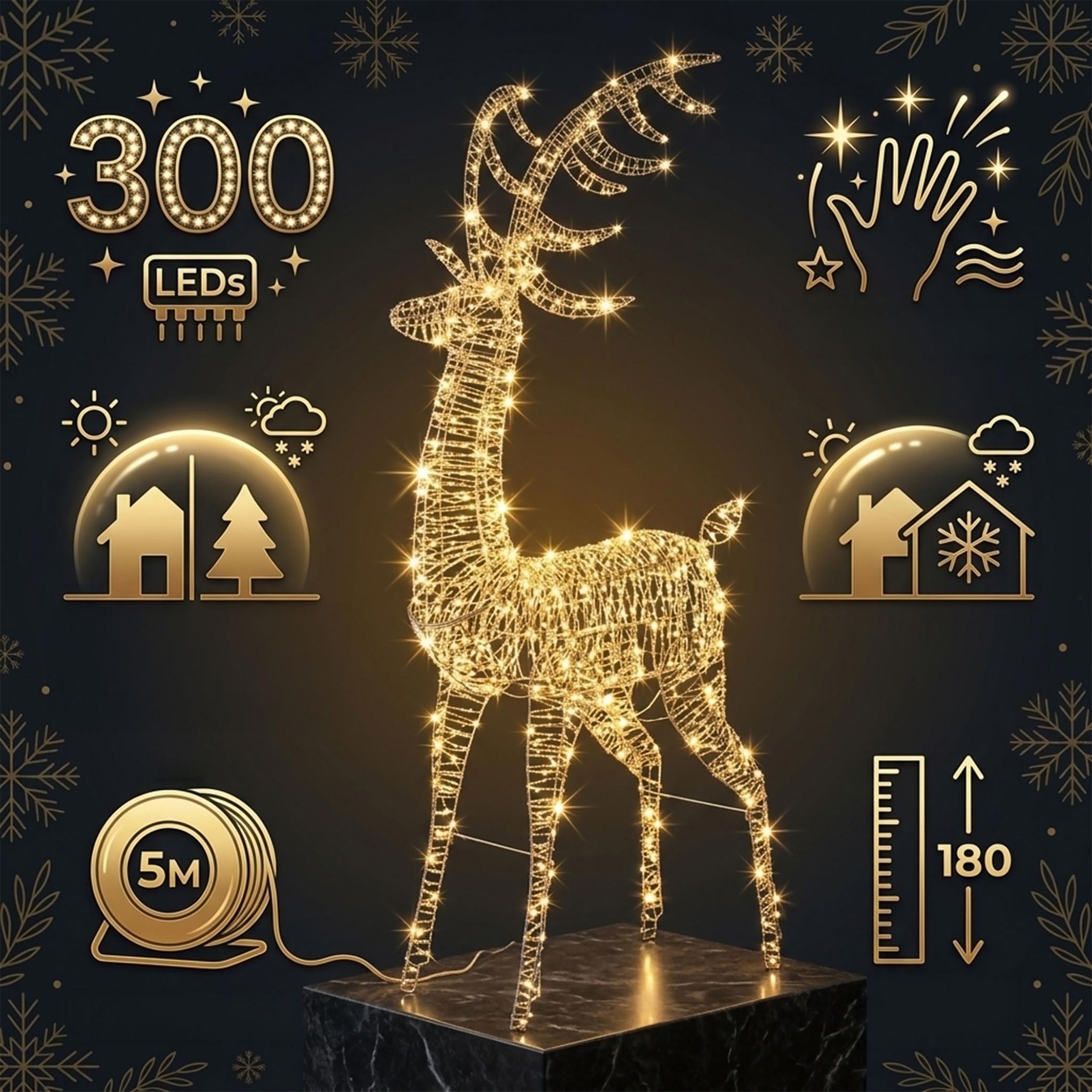 XL LED Rentier gold mit Twinkle Effekt für Außen - 180 cm - Weihnachts Dekofigur mit 300 funkelnden LEDs in warm weiß