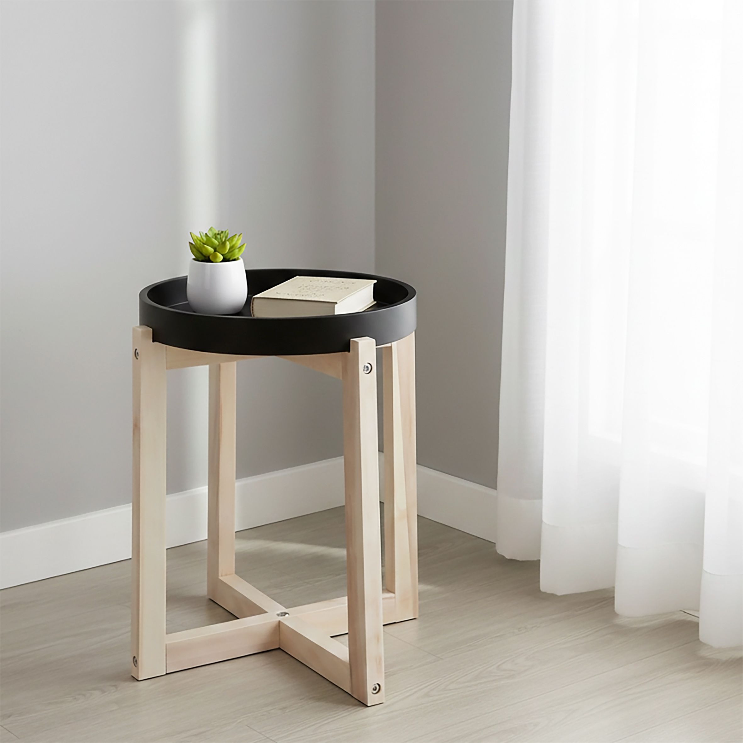 Holz Beistelltisch rund mit Tischplatte im Tablett Design 30 cm - schwarz - Deko Blumentisch mit naturbelassenem X-Gestell