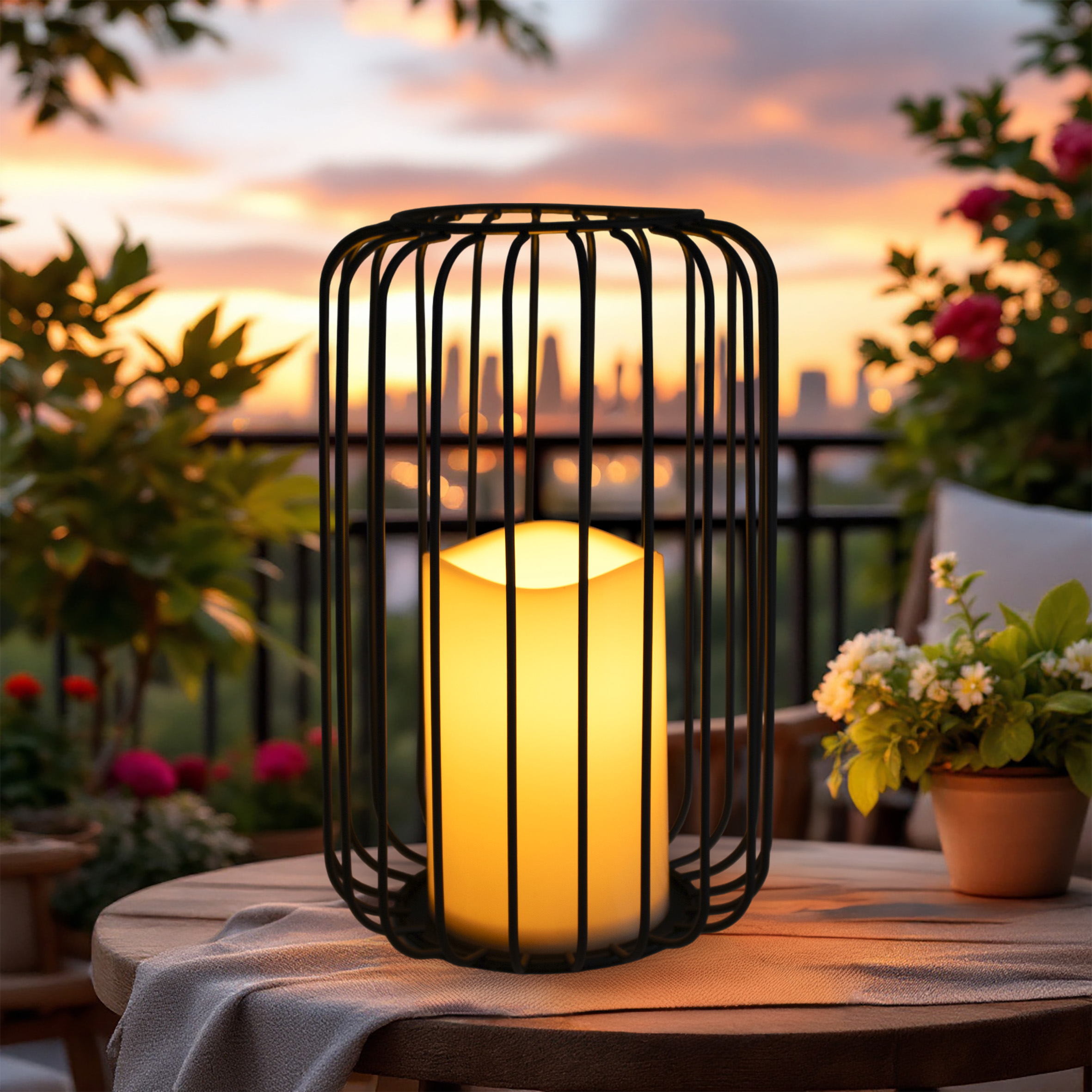 Metall Gitter Windlicht schwarz mit LED Kerze - 22 x 14 cm - Tisch Laterne warm weiß beleuchtet mit Timer
