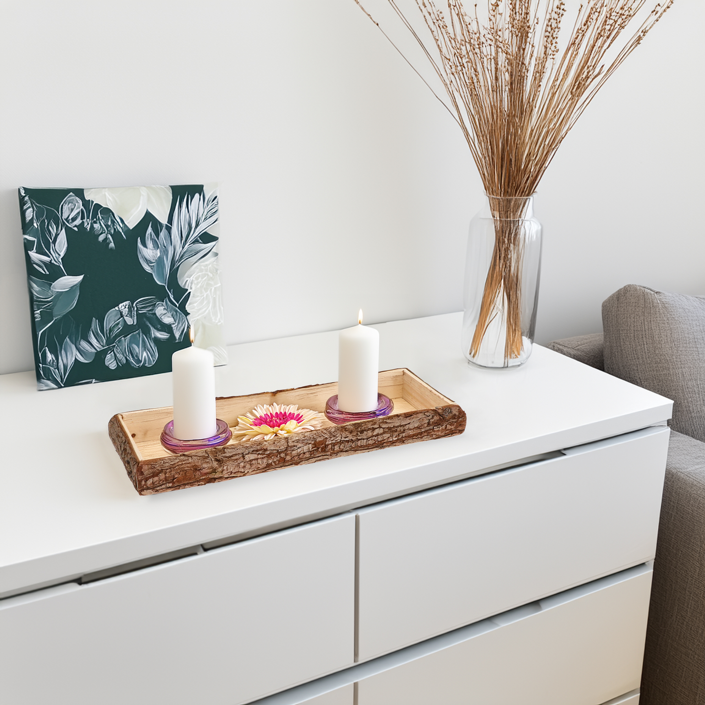 Holz Deko Tablett mit Rinde rechteckig klein - 38 x 11 cm - Kerzentablett natur mit Rand aus Baumrinde