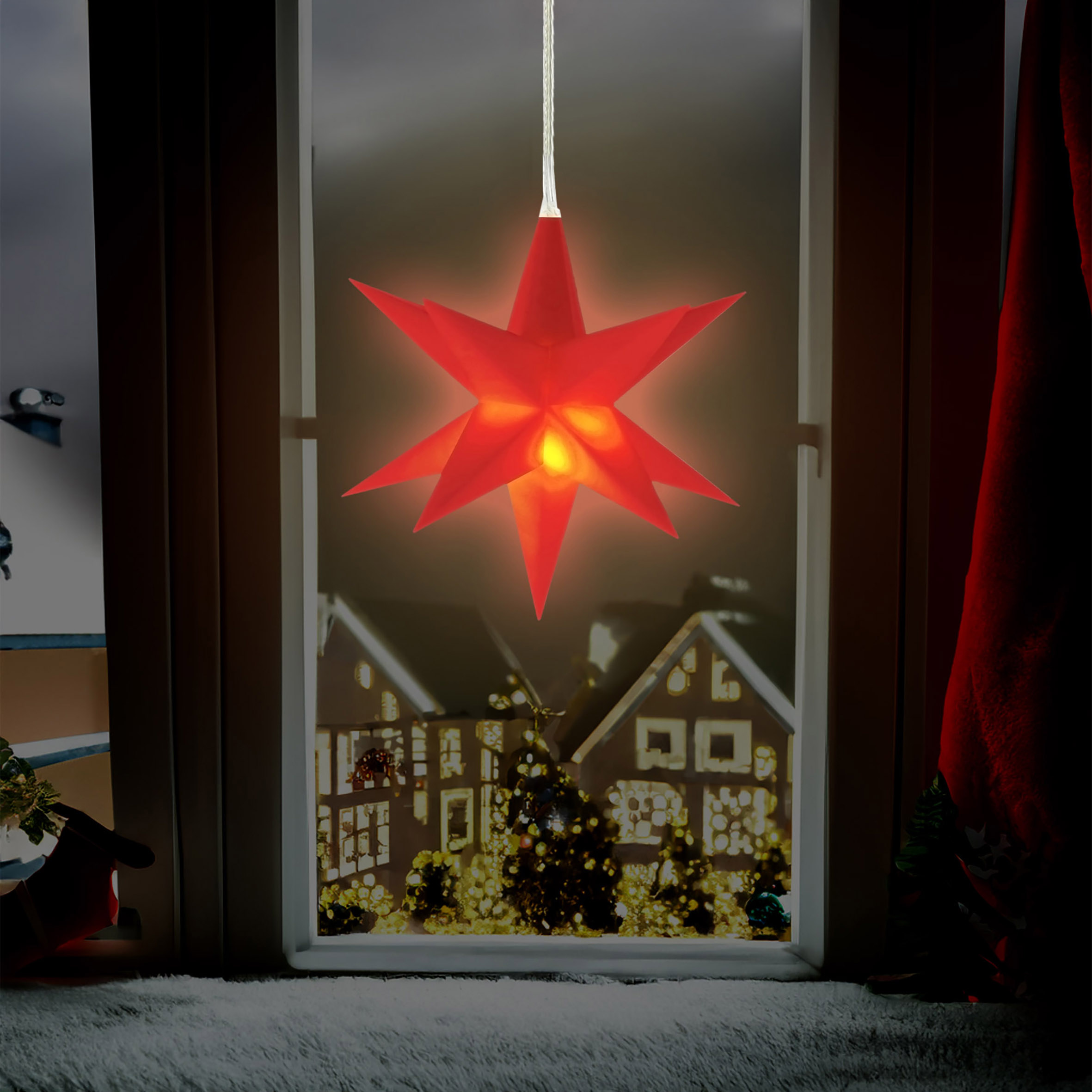 3D Weihnachtsstern 12 cm warm weiß Beleuchtet - weiß oder rot / 1 oder 3 Stück - LED Fenster Deko Leuchtstern mit Timer Batterie betrieben