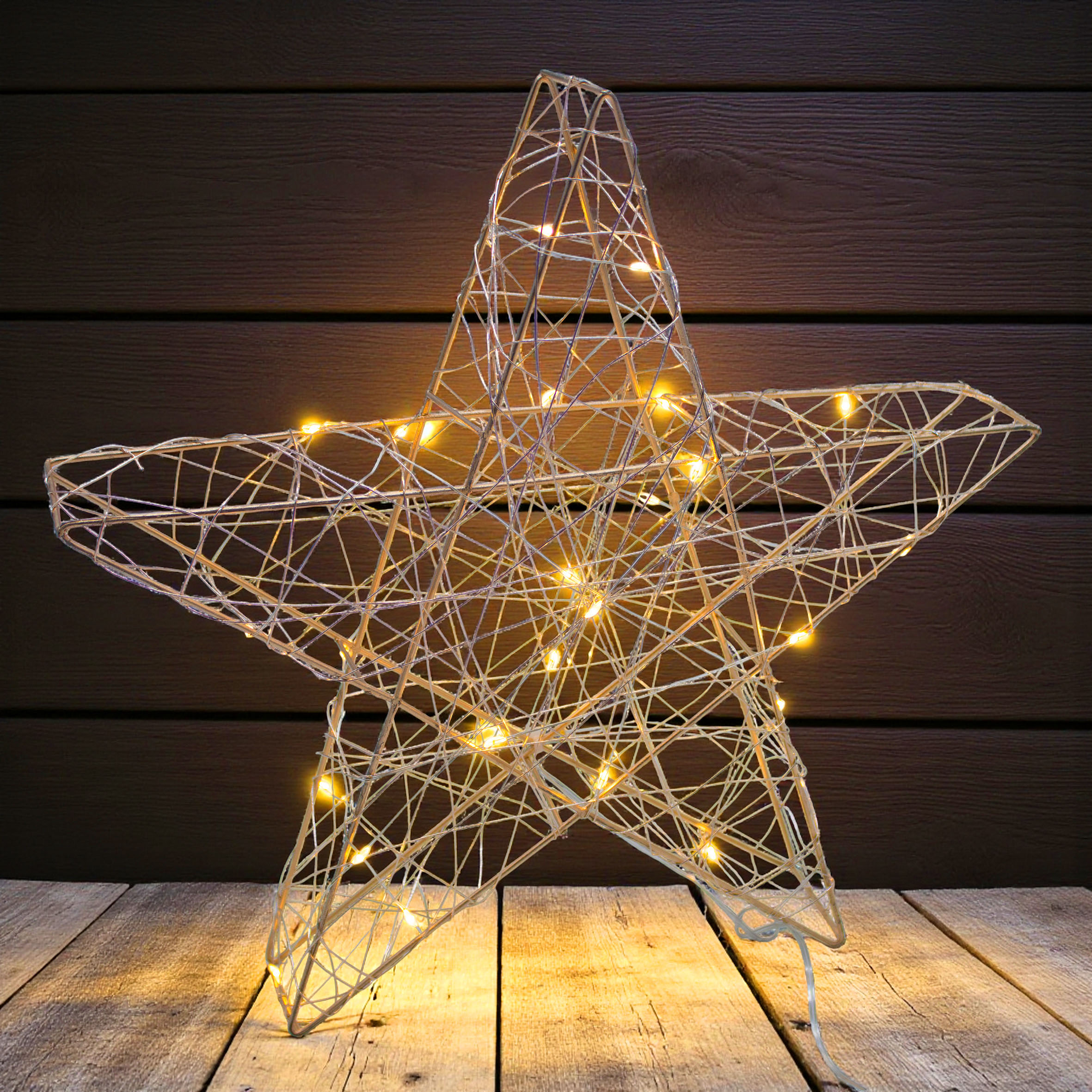 Draht Leuchtstern champagner 30 cm mit Timer - 25 LED - Metall Stern Silhouette warm weiß beleuchtet batteriebetrieben
