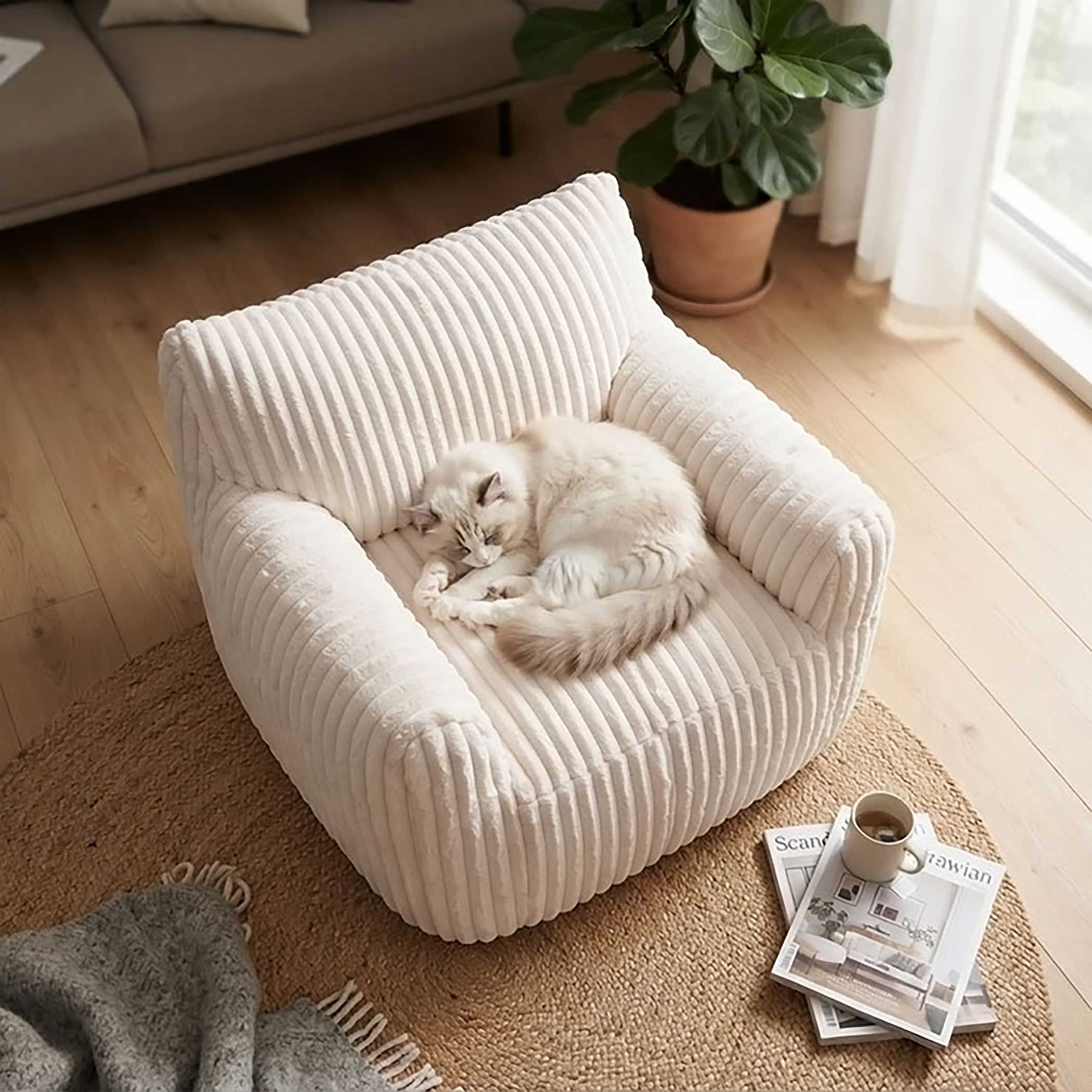 Lounge Sessel cremeweiß mit Armlehnen 104 x 96 cm - Cord - XL Sitzsack beige mit Schaumstoff Füllung